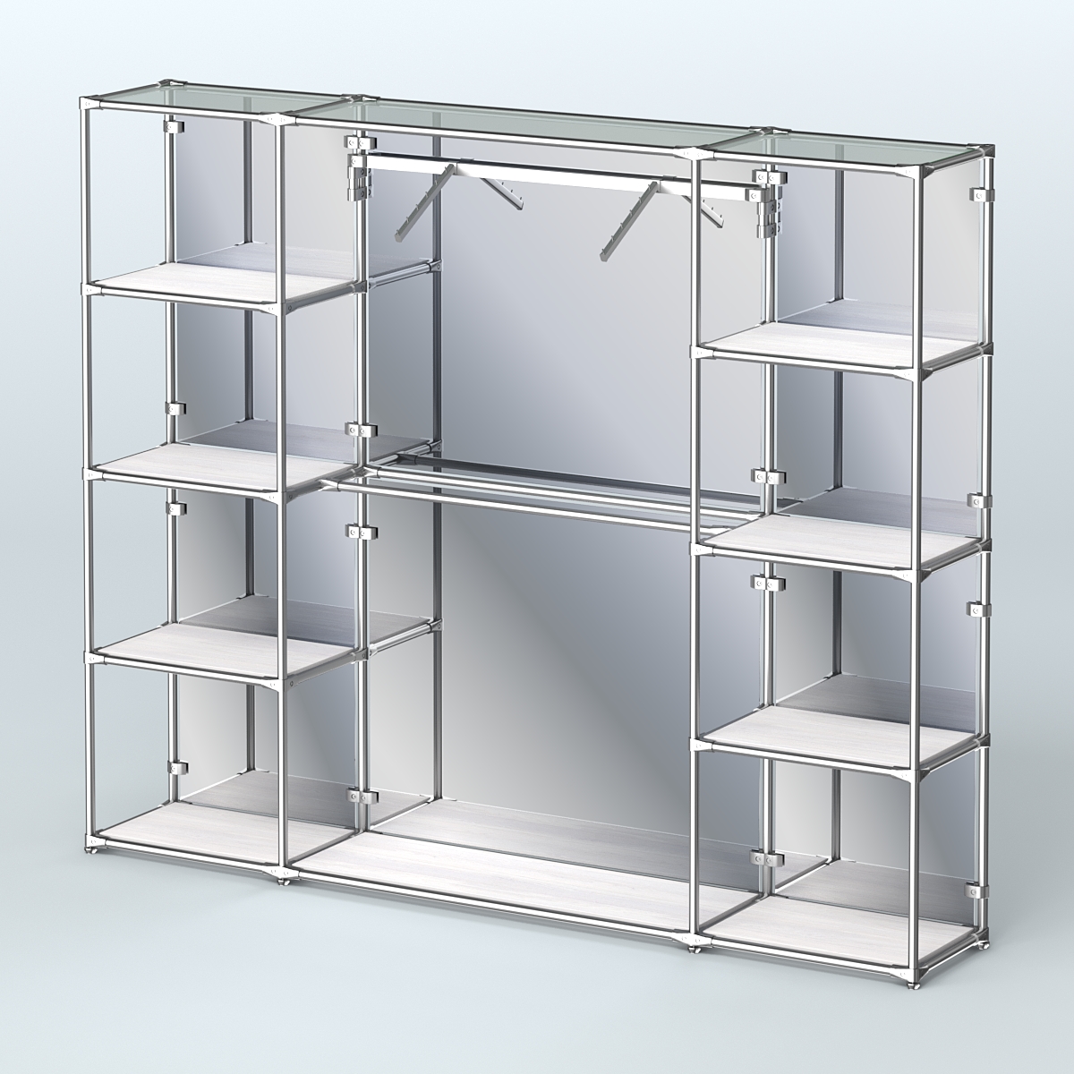 Торговая система ХРОМ (задняя стенка - зеркало) 2430 мм с полками ДСП и поручнями №11 Ясень Анкор светлый