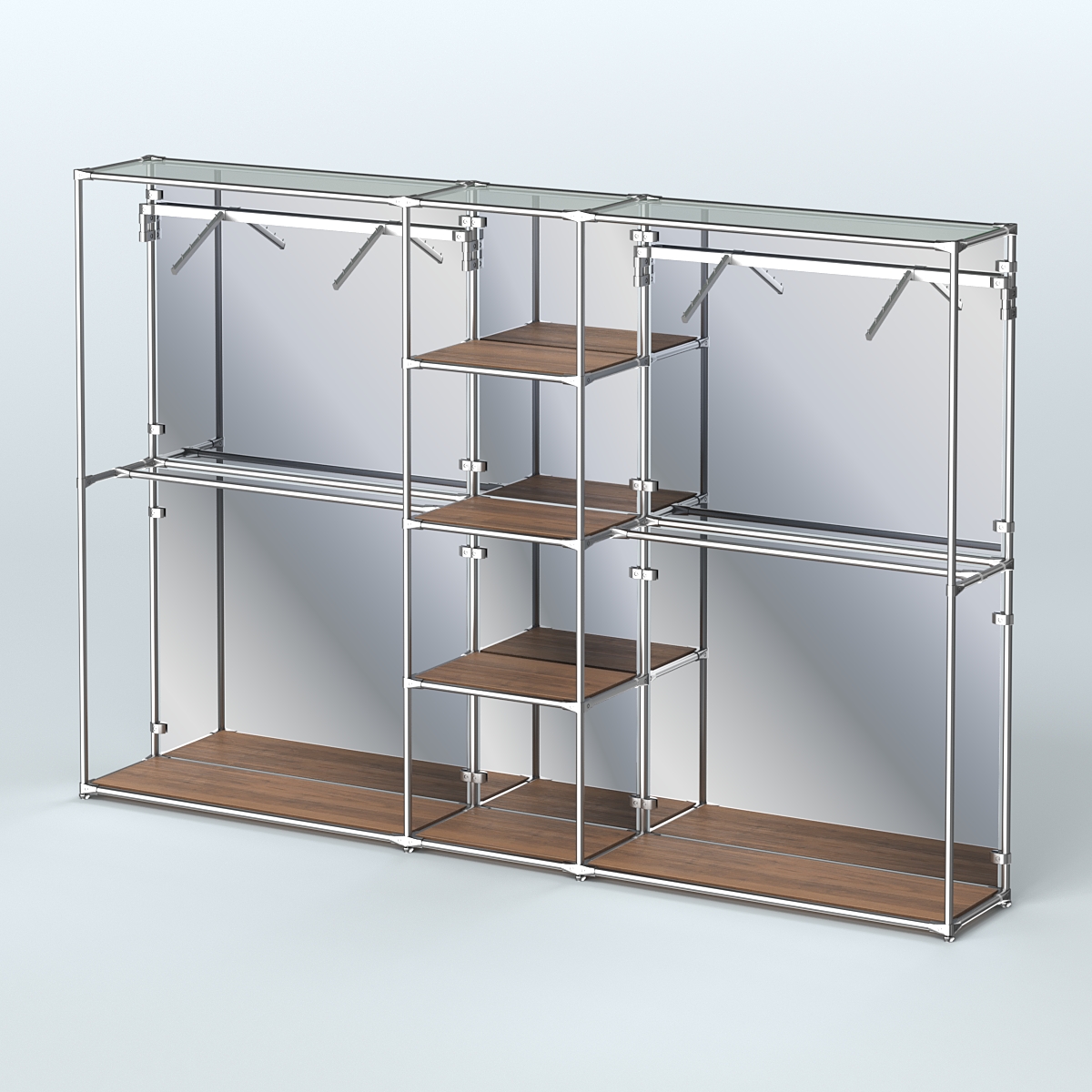 Торговая система ХРОМ (задняя стенка - зеркало) 3030 мм с полками ДСП и поручнями №12 Орех