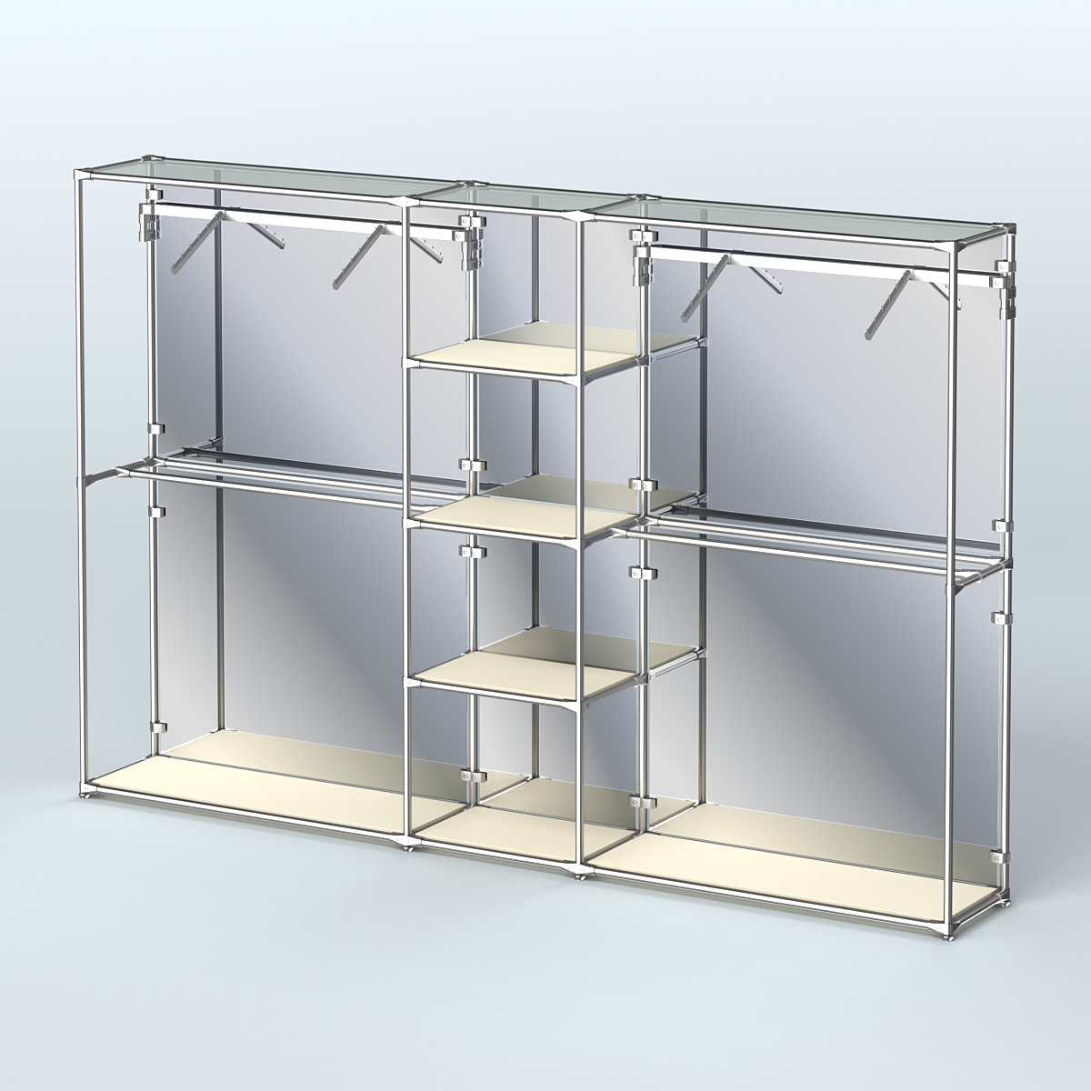 Торговая система ХРОМ (задняя стенка - зеркало) 3030 мм с полками ДСП и поручнями №12 Крем Вайс