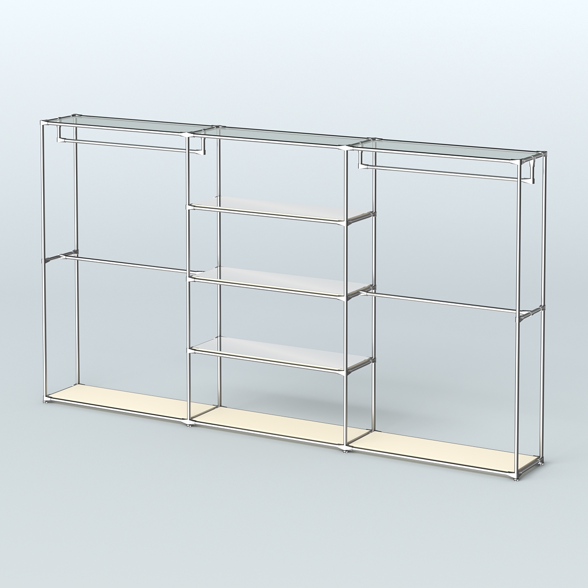 Торговая система ХРОМ без ДСП 3600 мм с зеркальными полками и поручнями №2 Крем Вайс