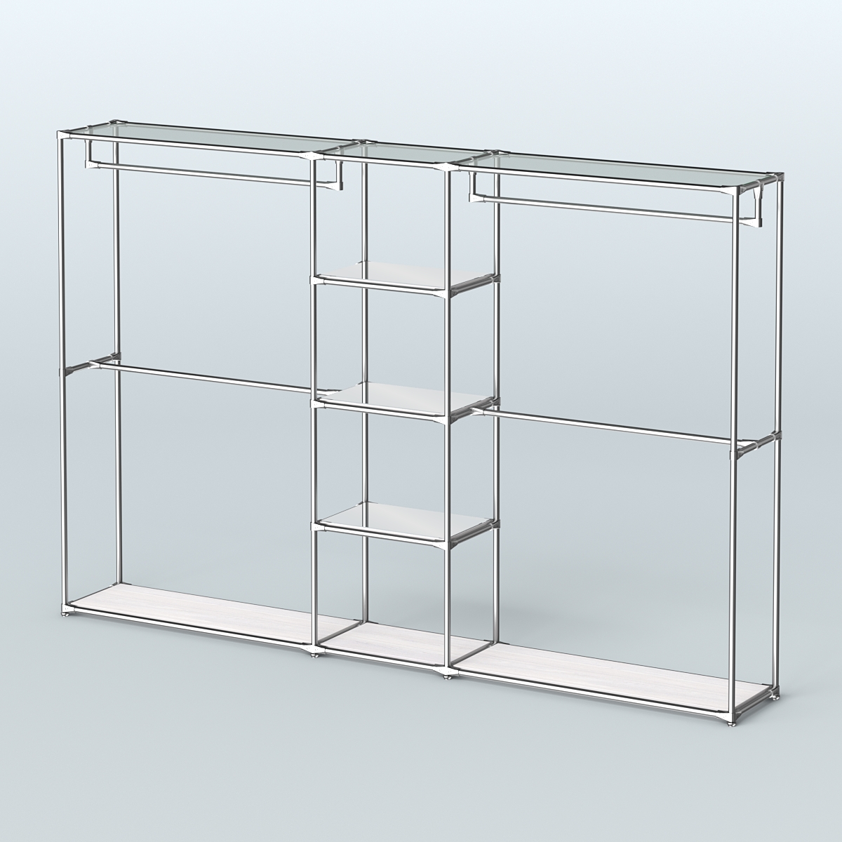 Торговая система ХРОМ без ДСП 3030 мм с зеркальными полками и поручнями №4 Ясень Анкор светлый