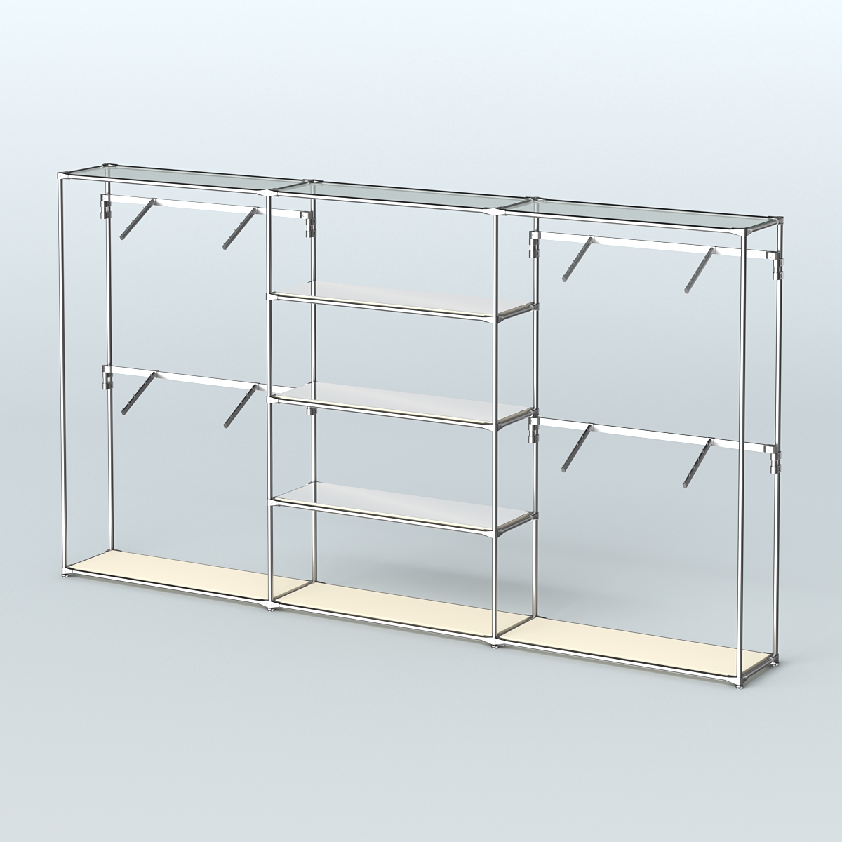 Торговая система ХРОМ без ДСП 3600 мм с зеркальными полками и поручнями №5 Крем Вайс