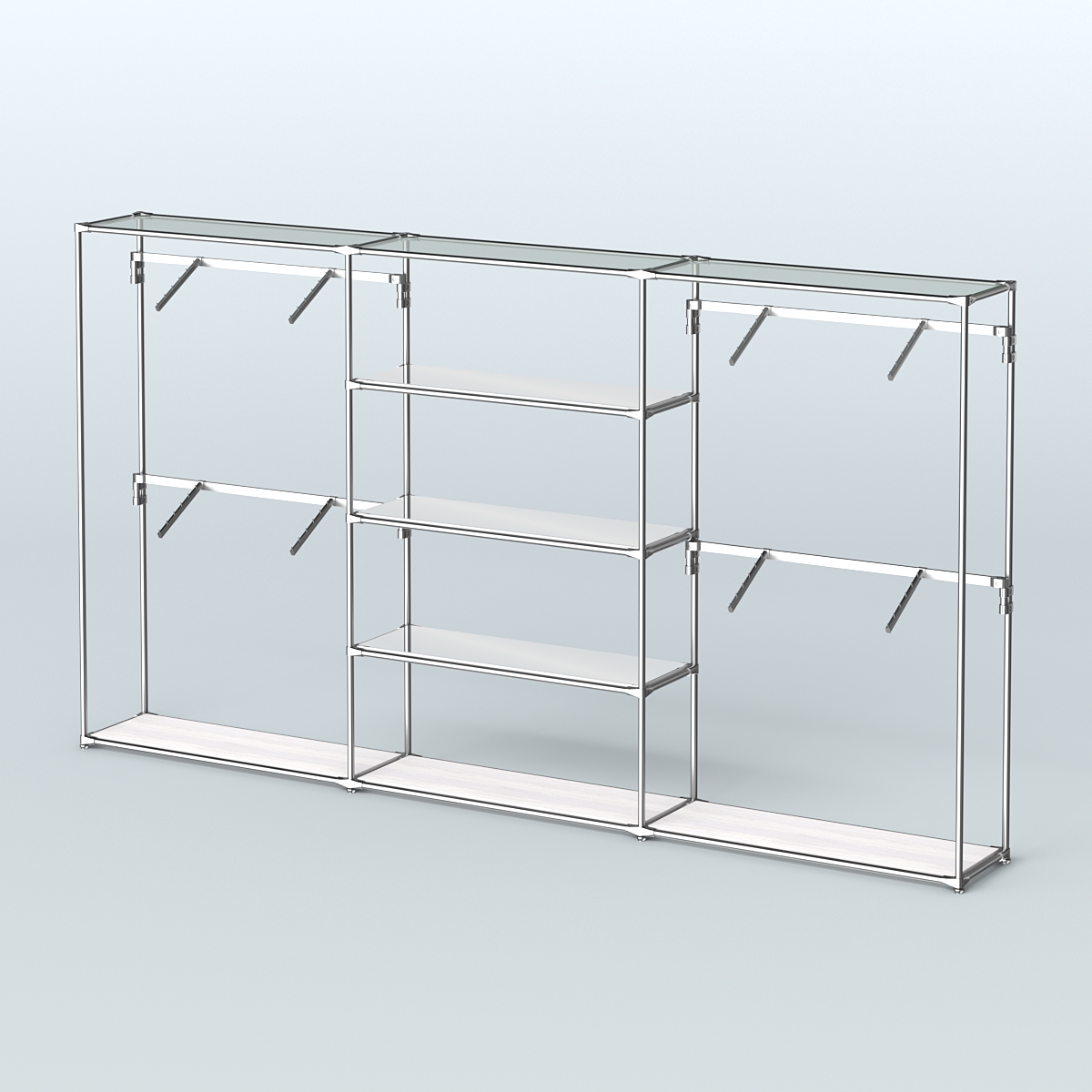 Торговая система ХРОМ без ДСП 3600 мм с зеркальными полками и поручнями №5 Ясень Анкор светлый