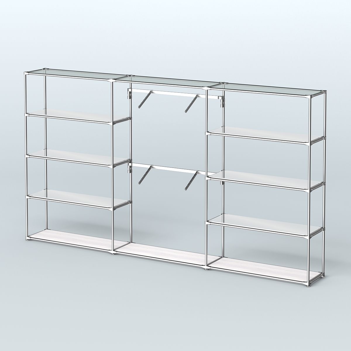 Торговая система ХРОМ без ДСП 3600 мм с зеркальными полками и поручнями №6 Ясень Анкор светлый