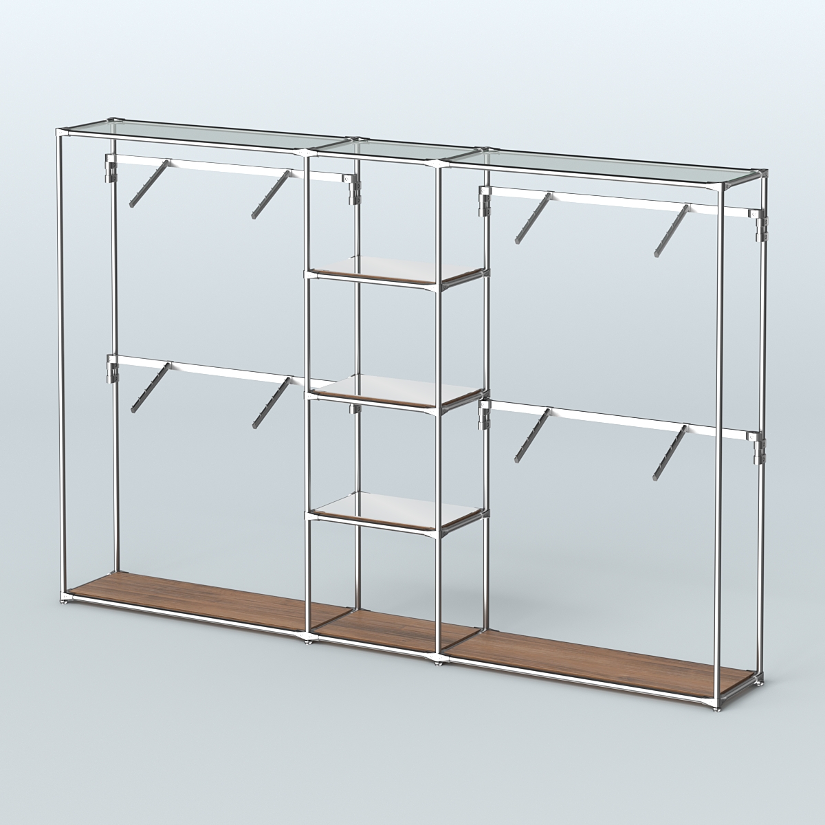 Торговая система ХРОМ без ДСП 3030 мм с зеркальными полками и поручнями №8 Орех