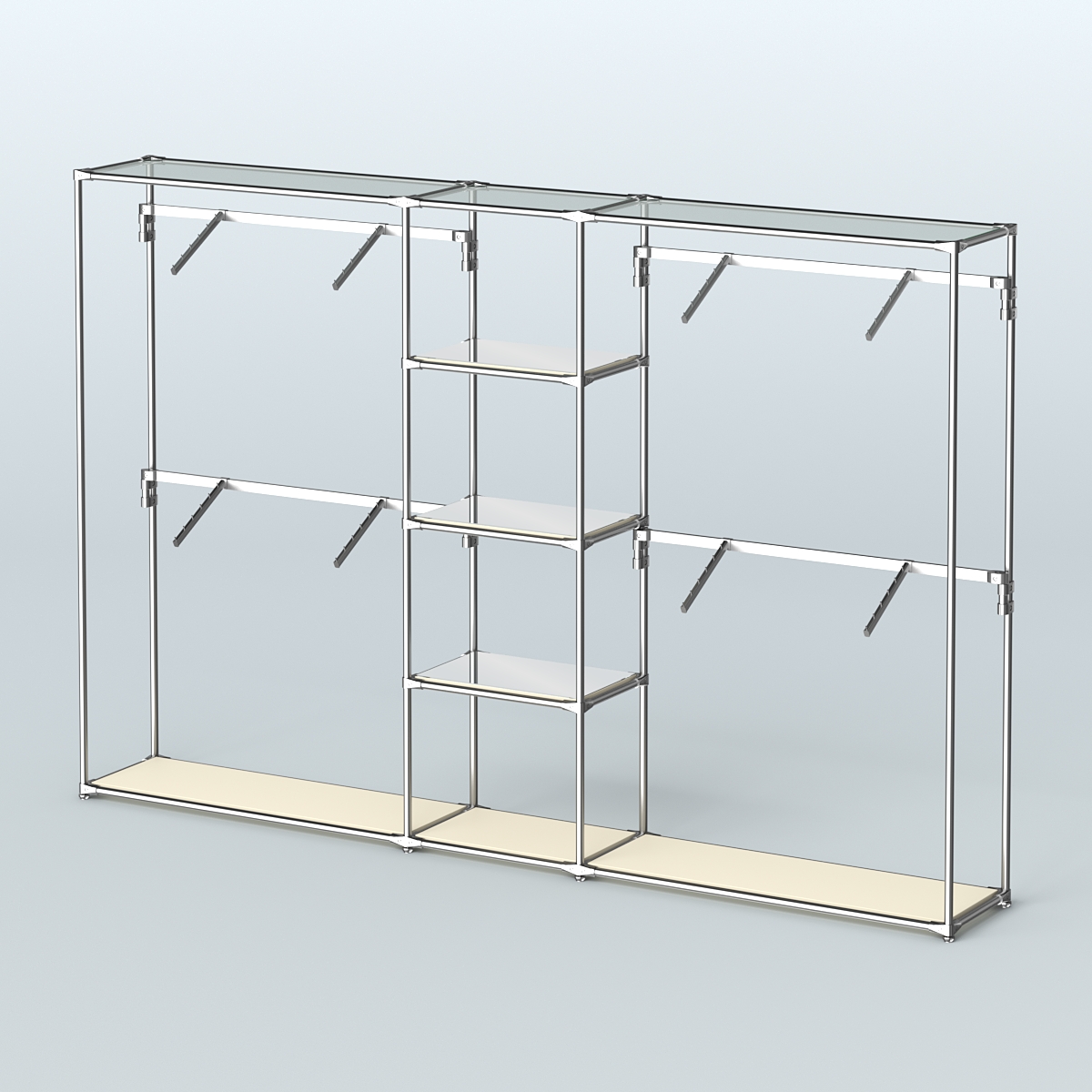 Торговая система ХРОМ без ДСП 3030 мм с зеркальными полками и поручнями №8 Крем Вайс