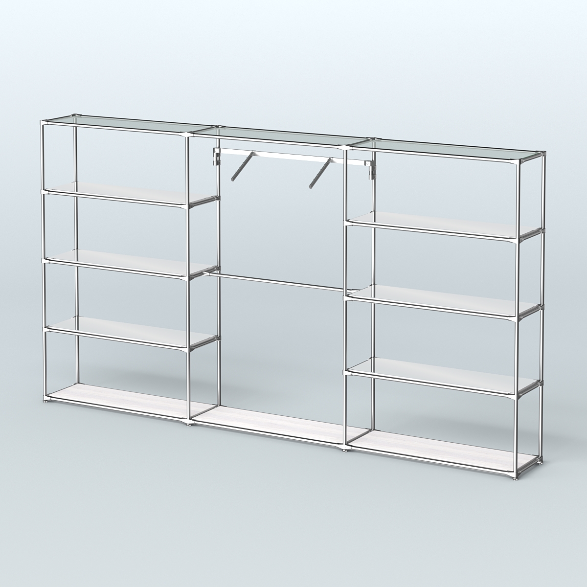 Торговая система ХРОМ без ДСП 3600 мм с зеркальными полками и поручнями №9 Ясень Анкор светлый