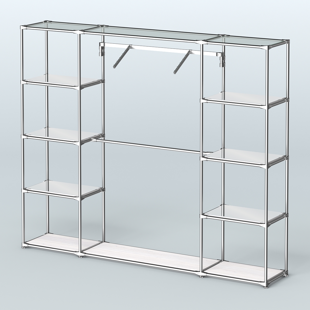 Торговая система ХРОМ без ДСП 2430 мм с зеркальными полками и поручнями №11 Ясень Анкор светлый