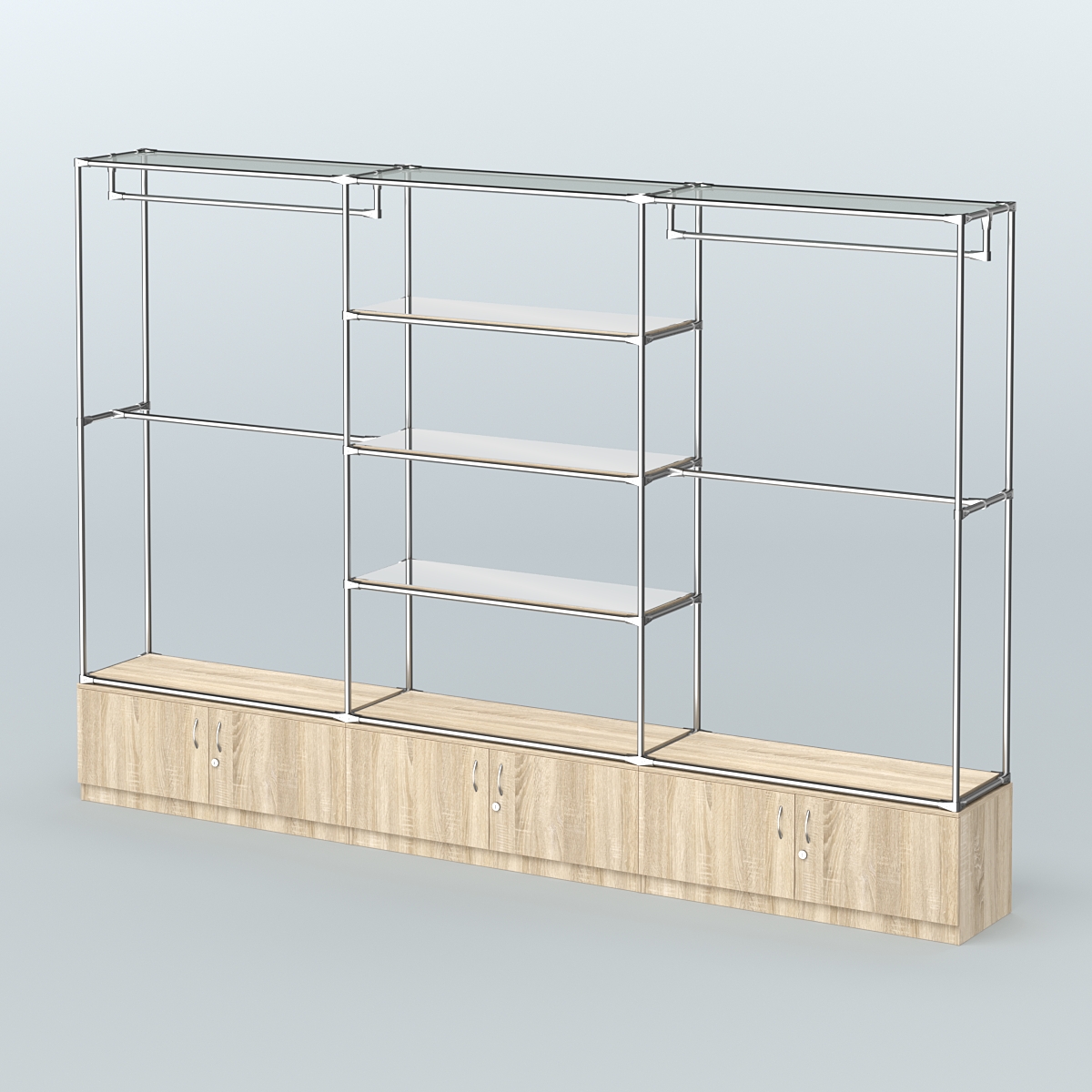 Торговая система ХРОМ без ДСП 3600 мм с тумбами Т21, зеркальными полками и поручнями №2 Дуб Сонома