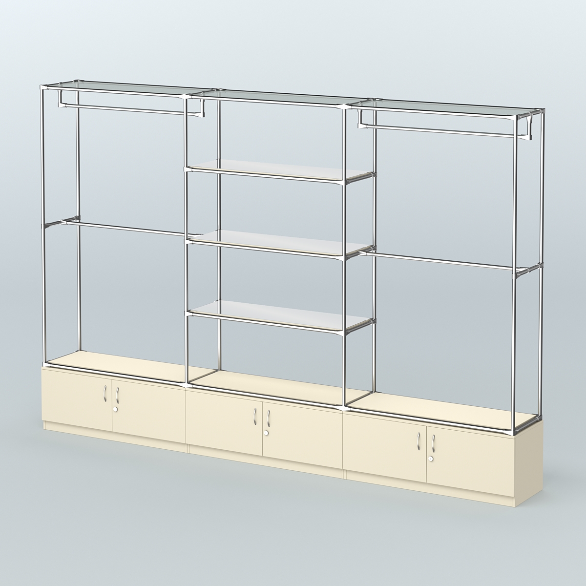 Торговая система ХРОМ без ДСП 3600 мм с тумбами Т21, зеркальными полками и поручнями №2 Крем Вайс