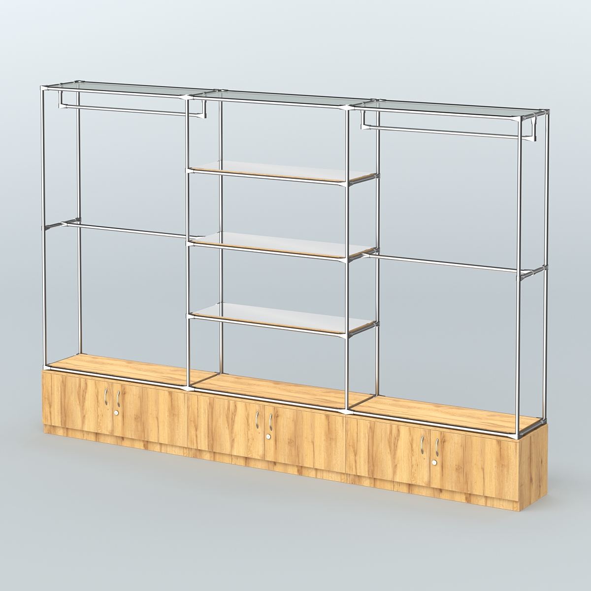 Торговая система ХРОМ без ДСП 3600 мм с тумбами Т21, зеркальными полками и поручнями №2 Дуб Золотистый