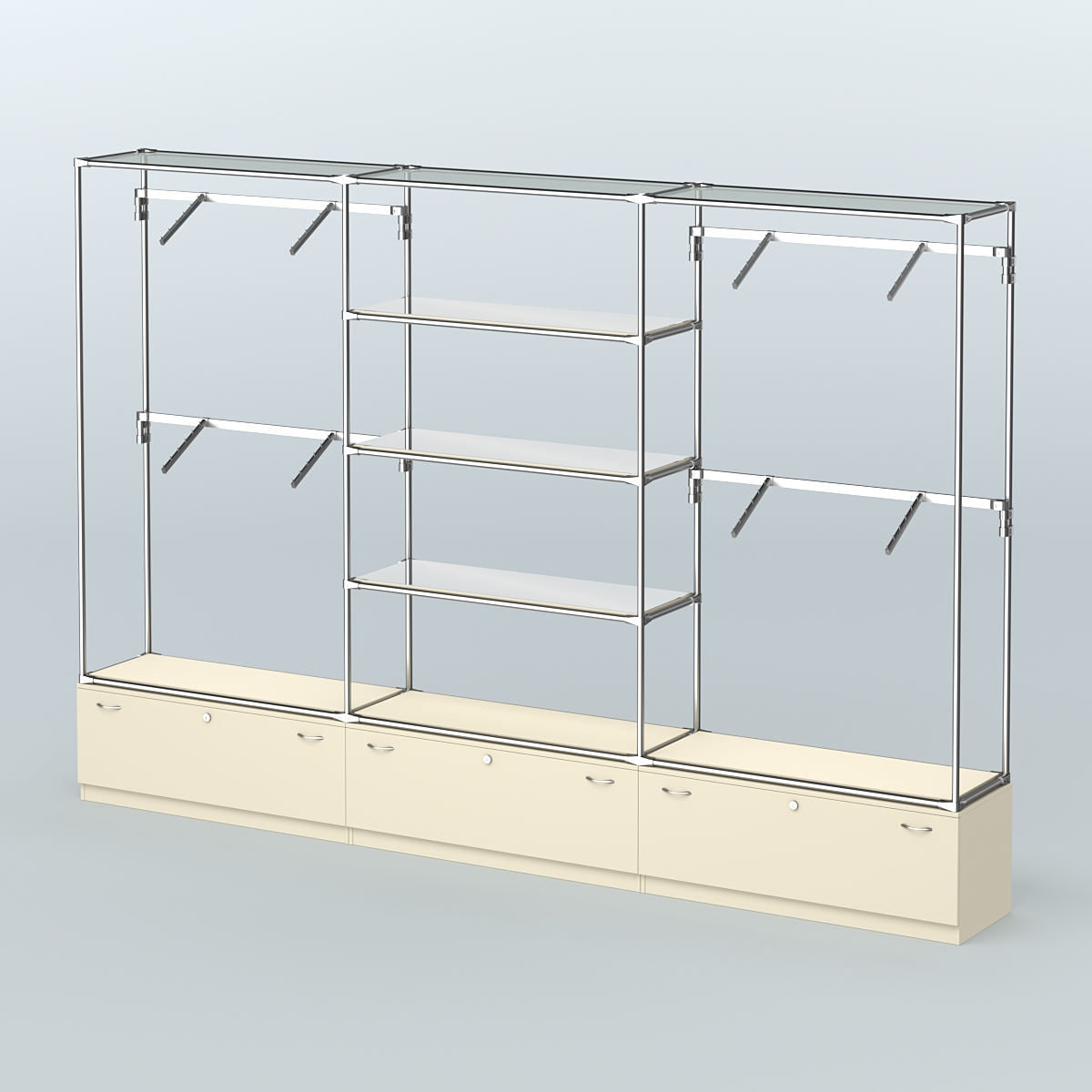 Торговая система ХРОМ без ДСП 3600 мм с тумбами Т11, зеркальными полками и поручнями №3 Крем Вайс