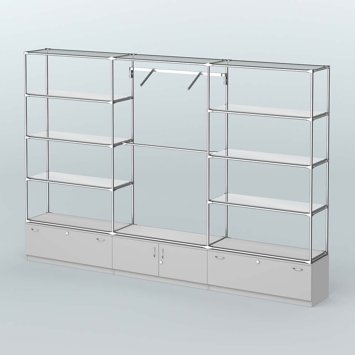 Торговая система ХРОМ без ДСП 3600 мм с тумбами Т11, Т21, зеркальными полками и поручнями №4 Серый