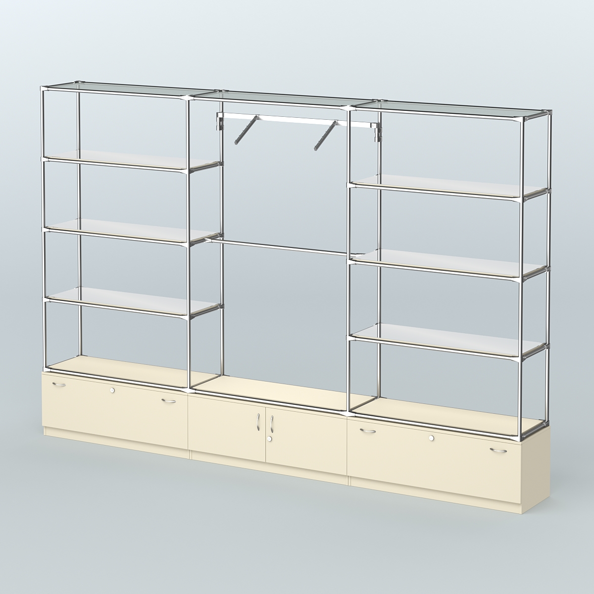 Торговая система ХРОМ без ДСП 3600 мм с тумбами Т11, Т21, зеркальными полками и поручнями №4 Крем Вайс