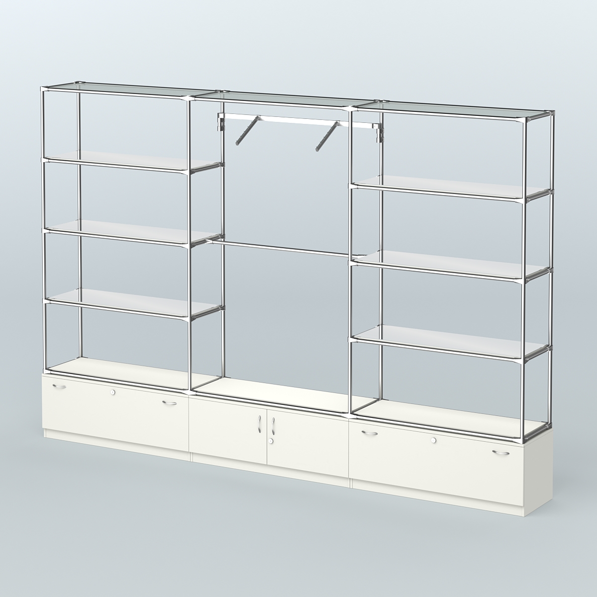 Торговая система ХРОМ без ДСП 3600 мм с тумбами Т11, Т21, зеркальными полками и поручнями №4 Белый