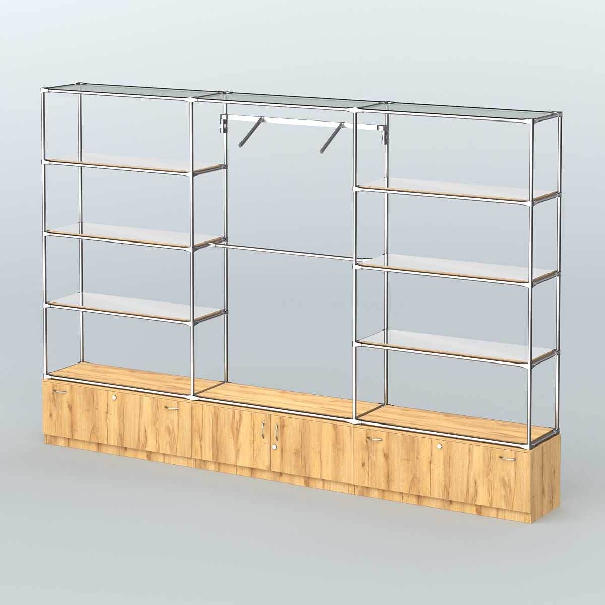 Торговая система ХРОМ без ДСП 3600 мм с тумбами Т11, Т21, зеркальными полками и поручнями №4 Дуб Золотистый