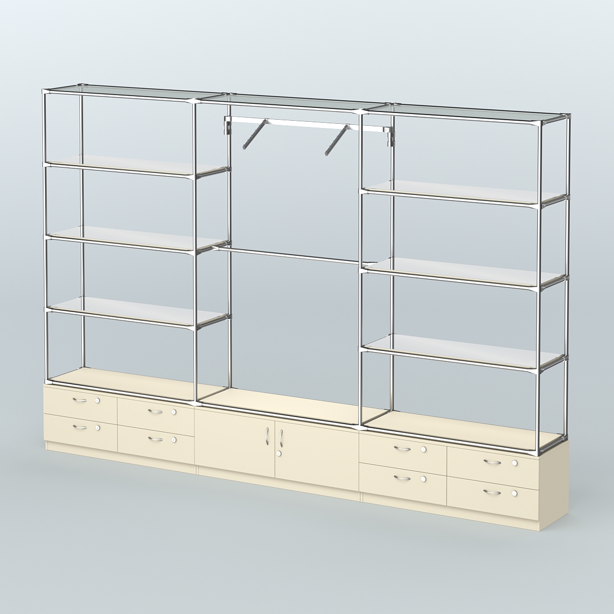 Торговая система ХРОМ без ДСП 3600 мм с тумбами Т14, Т21, зеркальными полками и поручнями №5 Крем Вайс