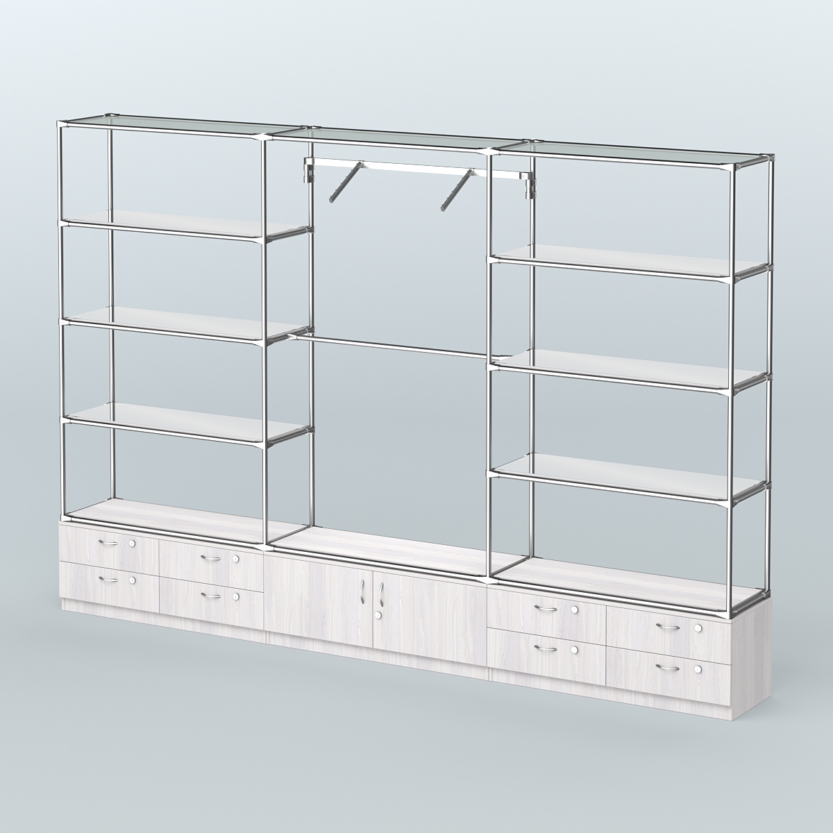 Торговая система ХРОМ без ДСП 3600 мм с тумбами Т14, Т21, зеркальными полками и поручнями №5 Ясень Анкор светлый