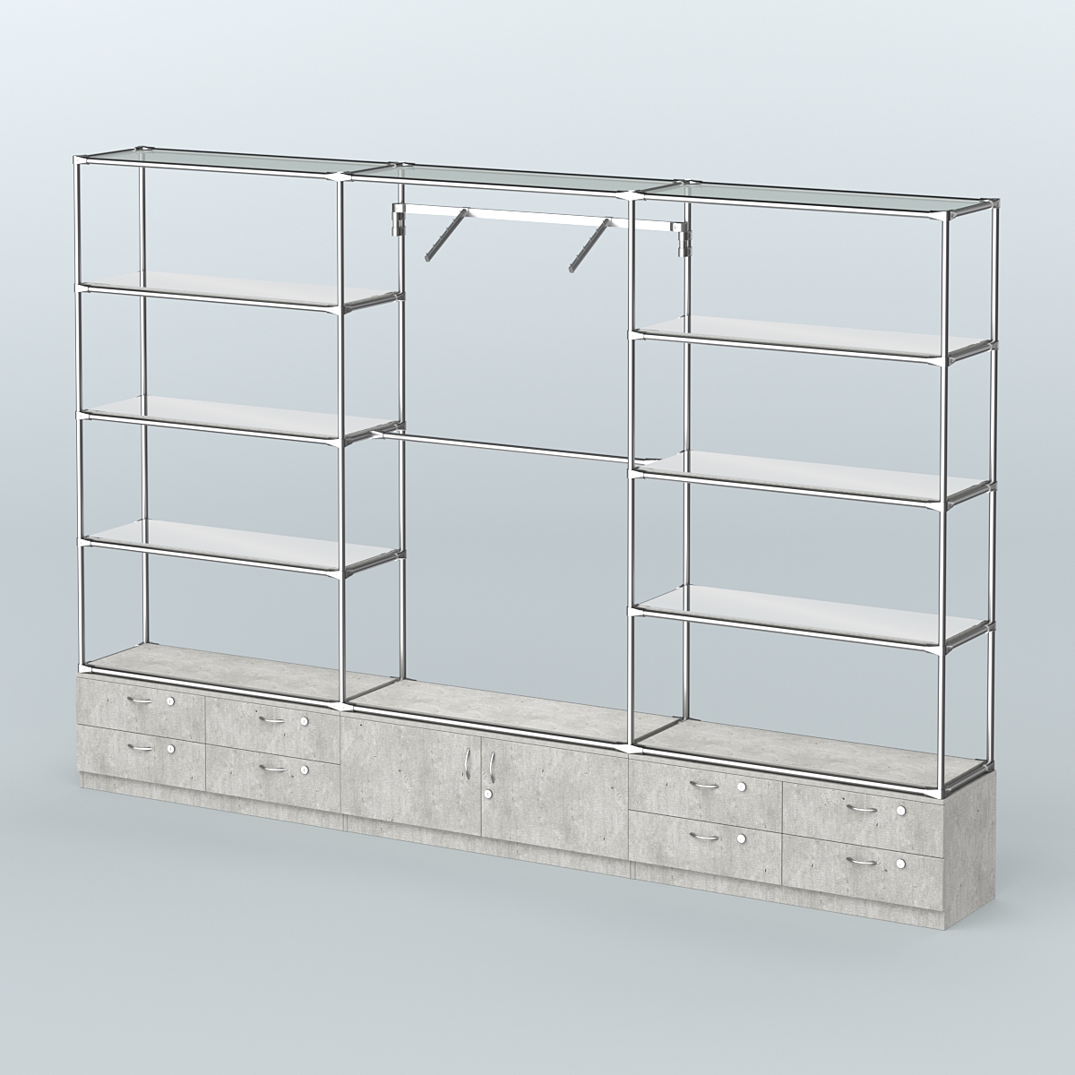 Торговая система ХРОМ без ДСП 3600 мм с тумбами Т14, Т21, зеркальными полками и поручнями №5 Метрополитан Грей