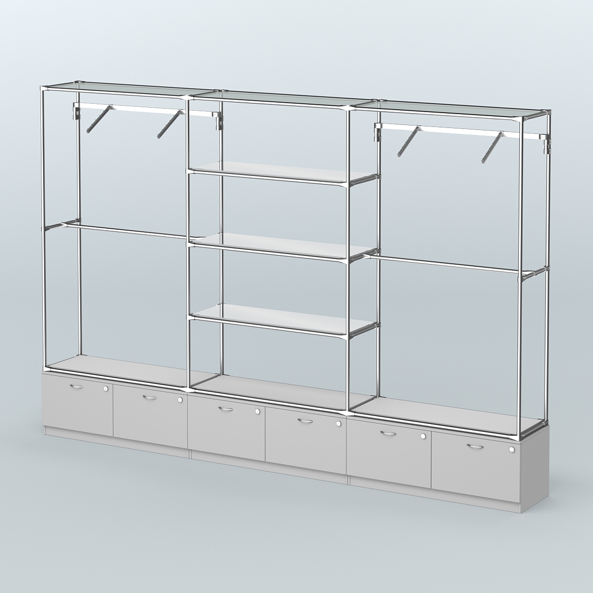 Торговая система ХРОМ без ДСП 3600 мм с тумбами Т15, зеркальными полками и поручнями №6 Серый