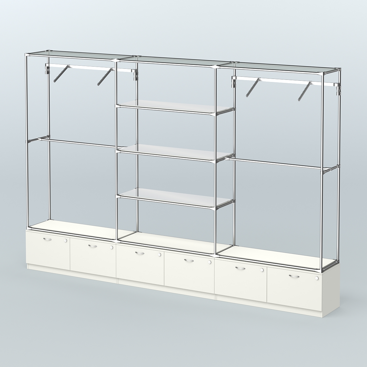 Торговая система ХРОМ без ДСП 3600 мм с тумбами Т15, зеркальными полками и поручнями №6 Белый