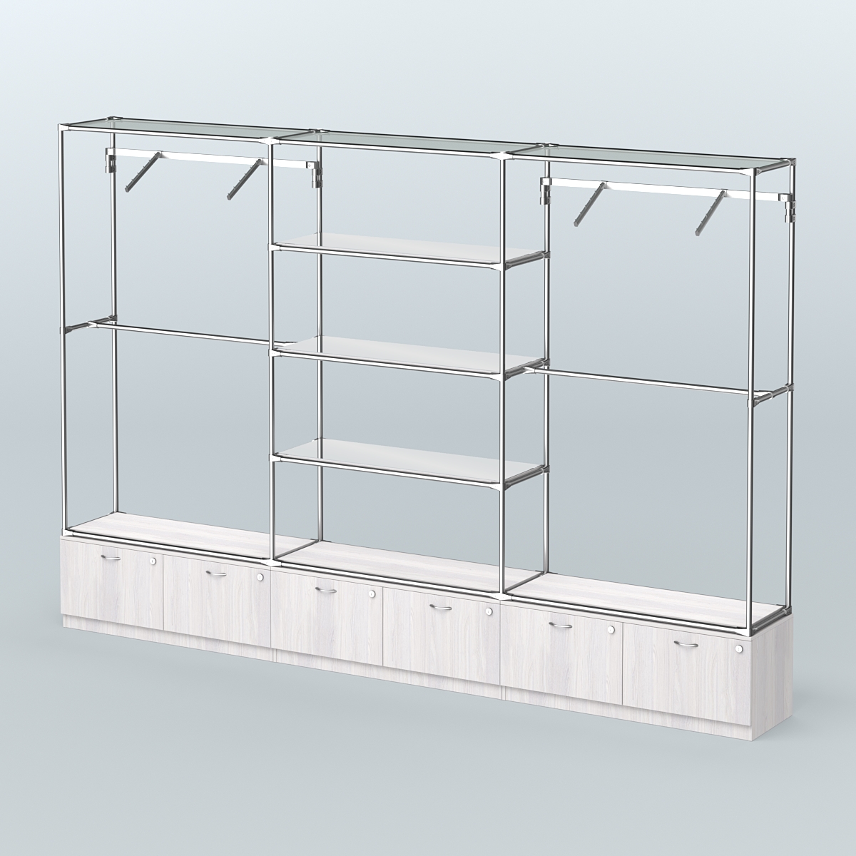 Торговая система ХРОМ без ДСП 3600 мм с тумбами Т15, зеркальными полками и поручнями №6 Ясень Анкор светлый