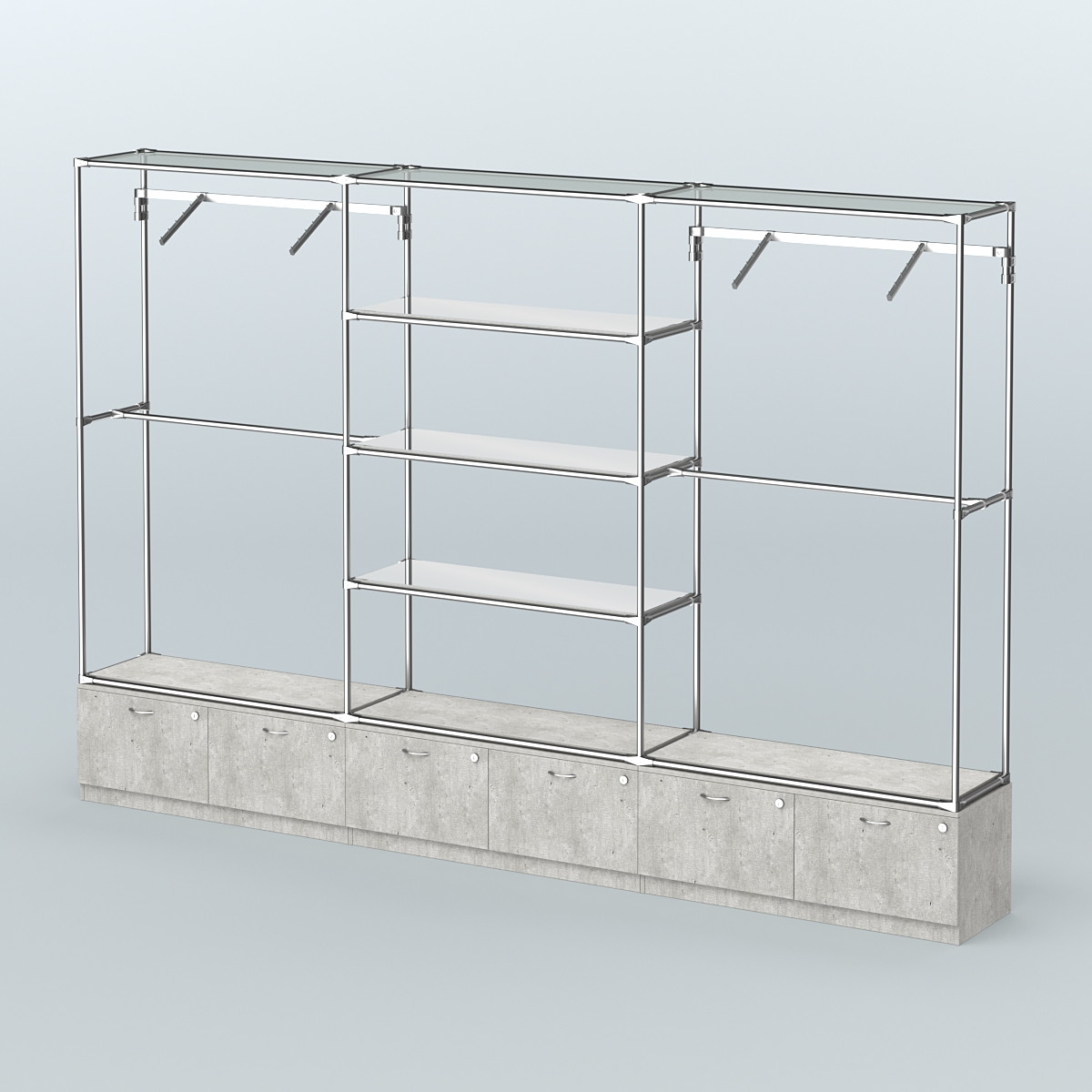 Торговая система ХРОМ без ДСП 3600 мм с тумбами Т15, зеркальными полками и поручнями №6 Метрополитан Грей