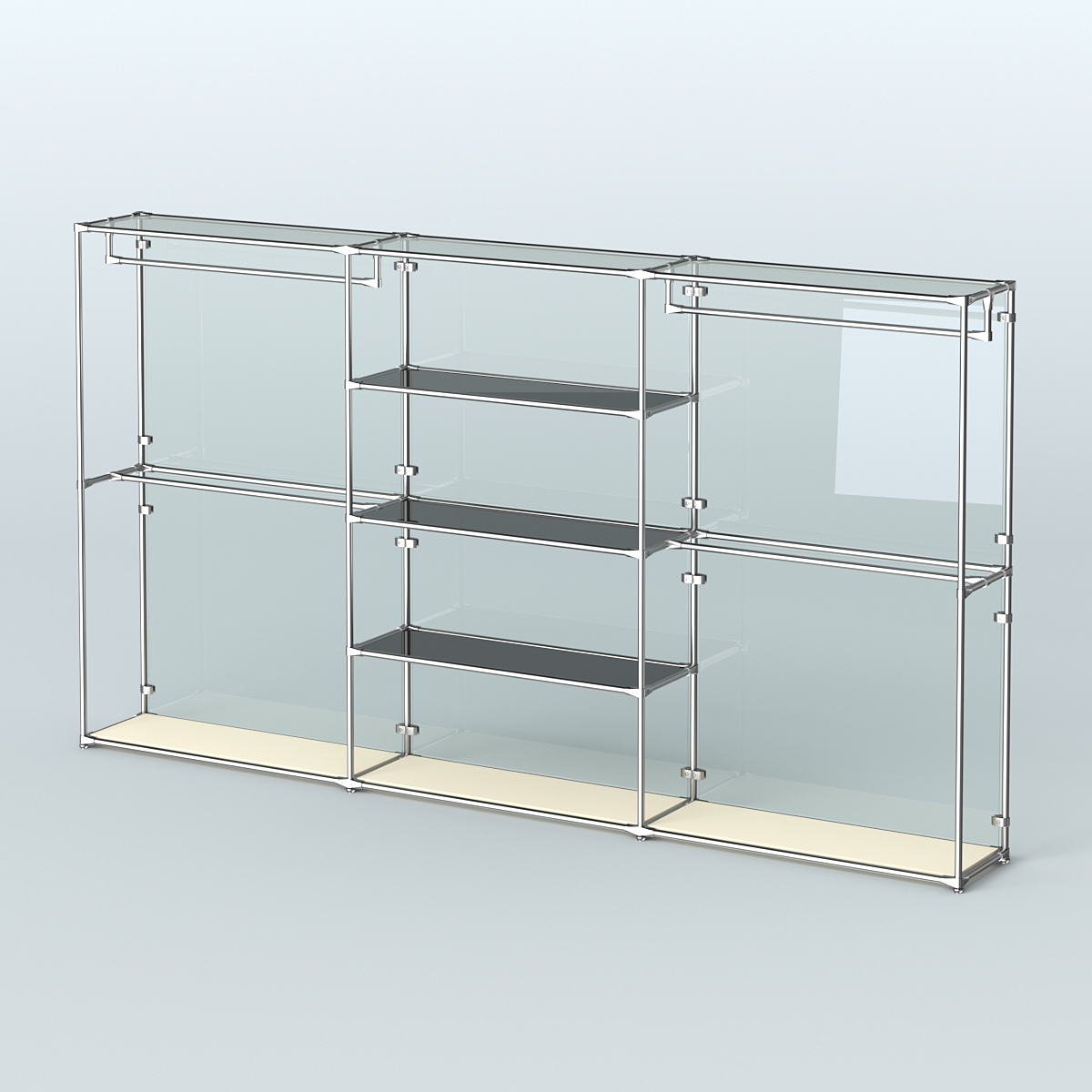 Торговая система ХРОМ (задняя стенка - стекло) 3600 мм с тонированными полками и поручнями №2 Крем Вайс