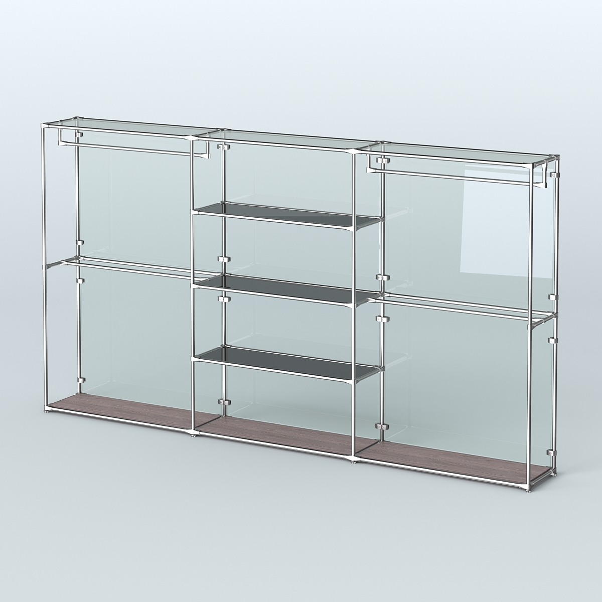 Торговая система ХРОМ (задняя стенка - стекло) 3600 мм с тонированными полками и поручнями №2 Ясень Анкор темный