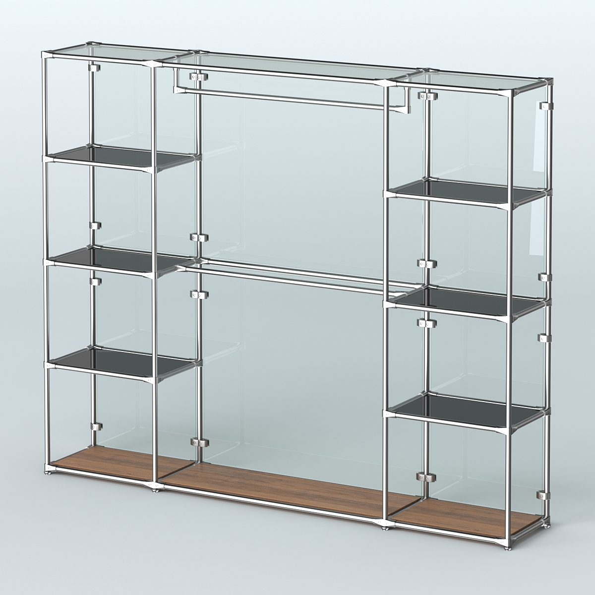 Торговая система ХРОМ (задняя стенка - стекло) 2430 мм с тонированными полками и поручнями №3 Орех