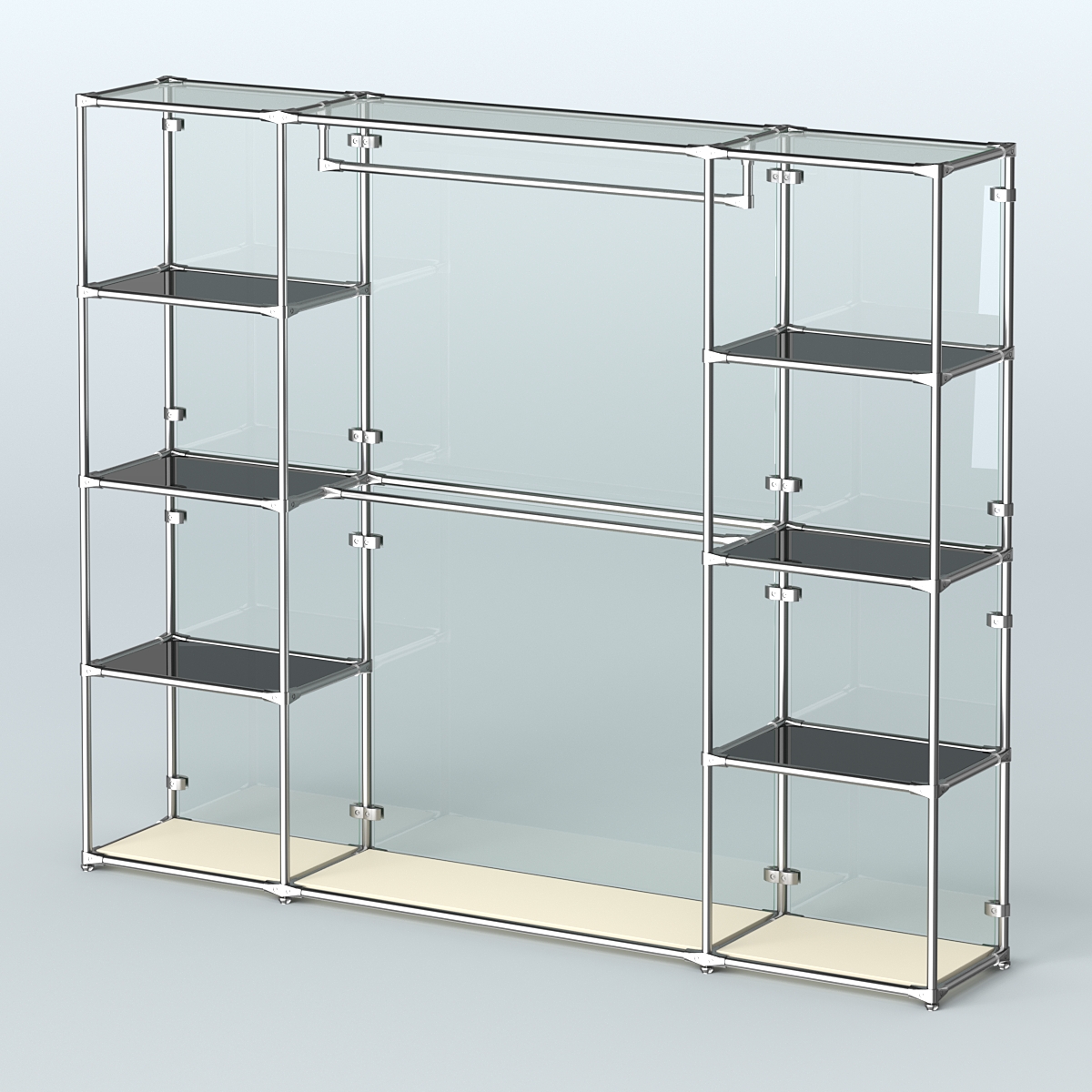 Торговая система ХРОМ (задняя стенка - стекло) 2430 мм с тонированными полками и поручнями №3 Крем Вайс