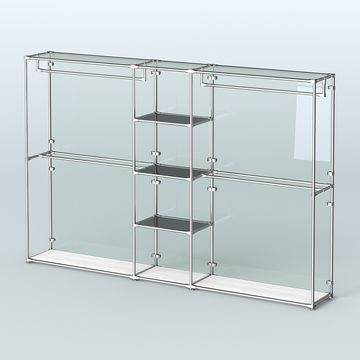 Торговая система ХРОМ (задняя стенка - стекло) 3030 мм с тонированными полками и поручнями №4 Ясень Анкор светлый