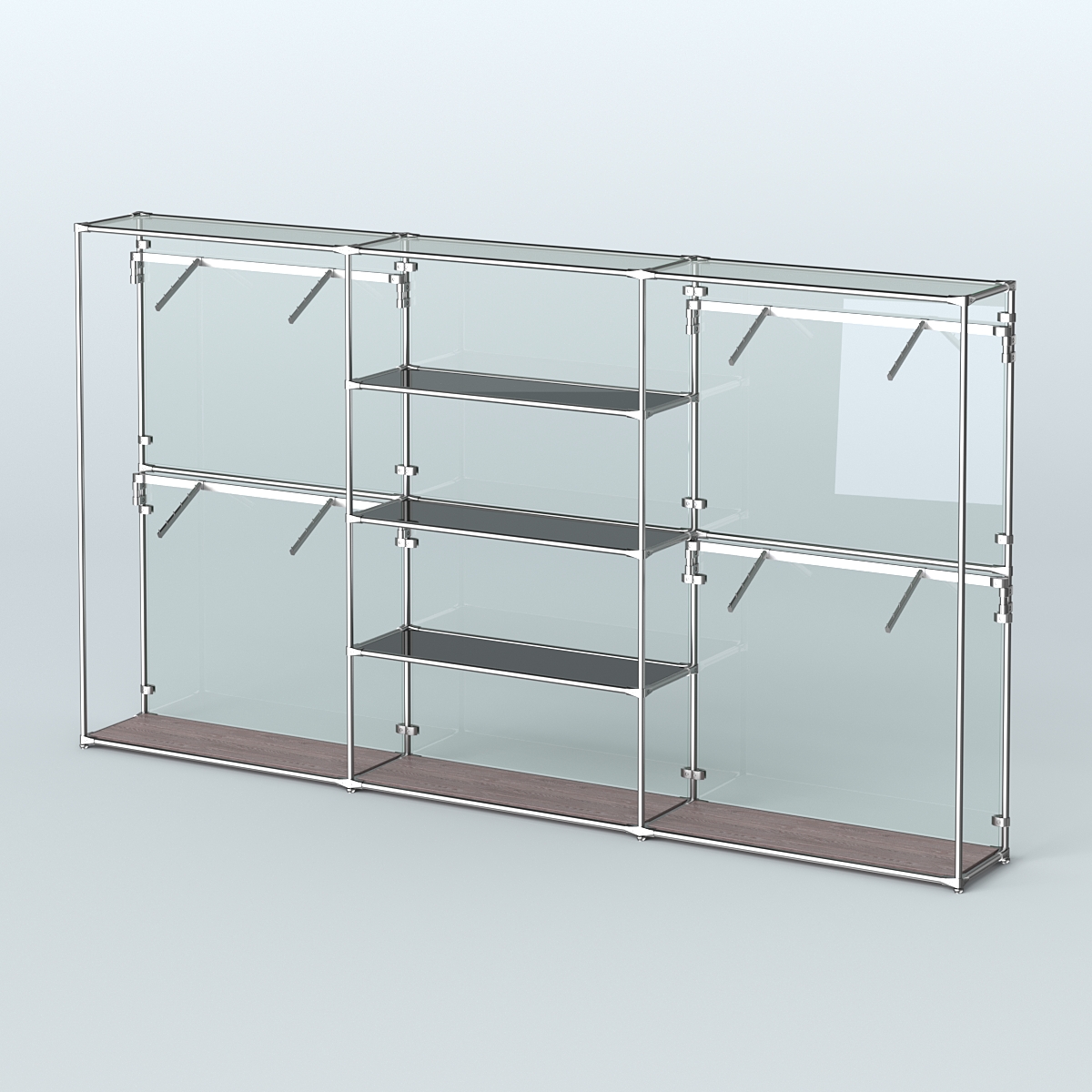 Торговая система ХРОМ (задняя стенка - стекло) 3600 мм с тонированными полками и поручнями №5 Ясень Анкор темный