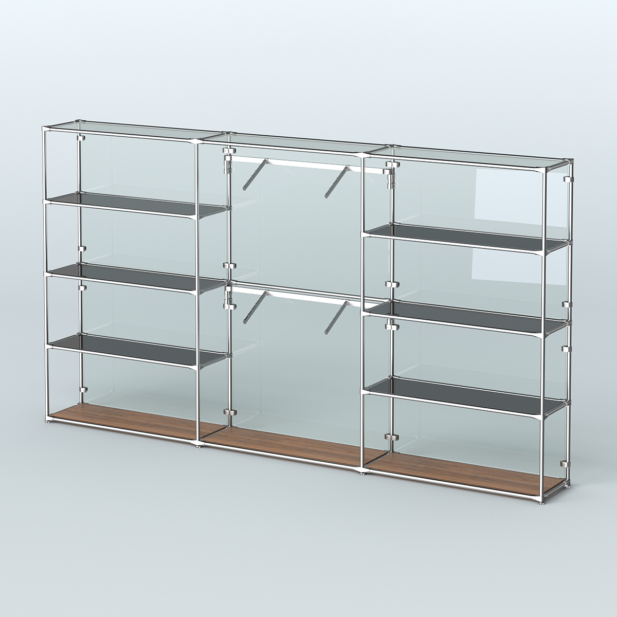 Торговая система ХРОМ (задняя стенка - стекло) 3600 мм с тонированными полками и поручнями №6 Орех