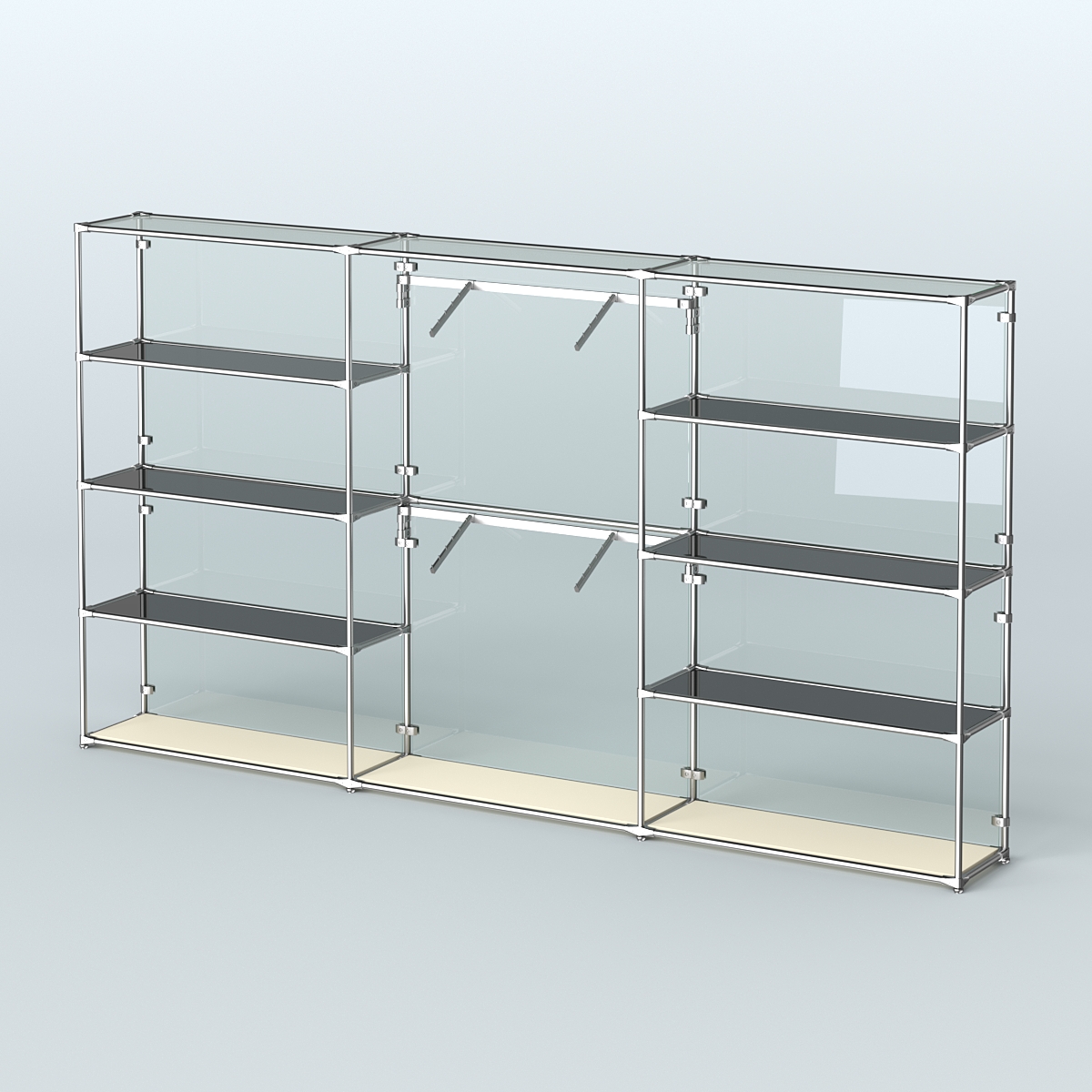 Торговая система ХРОМ (задняя стенка - стекло) 3600 мм с тонированными полками и поручнями №6 Крем Вайс