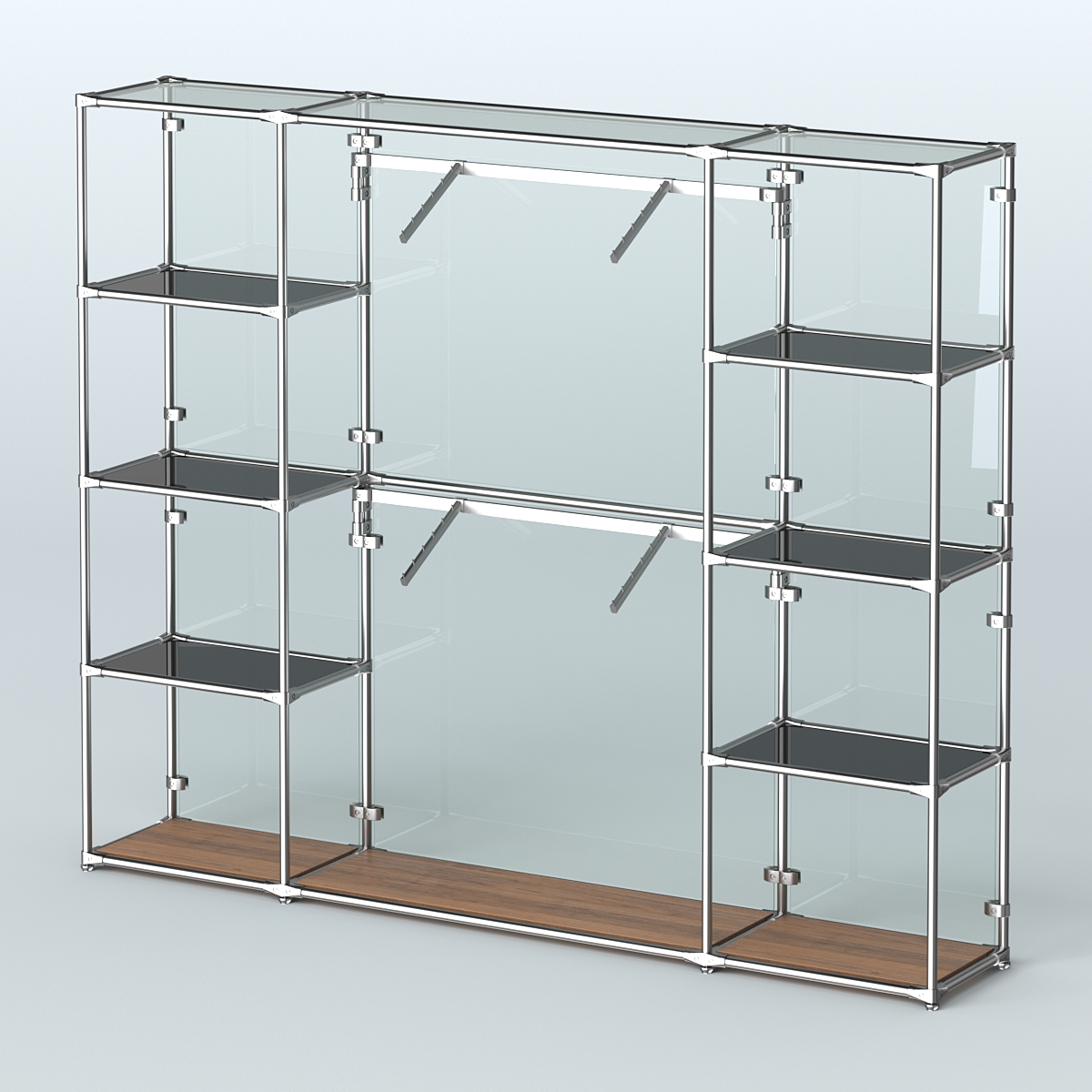 Торговая система ХРОМ (задняя стенка - стекло) 2430 мм с тонированными полками и поручнями №7 Орех