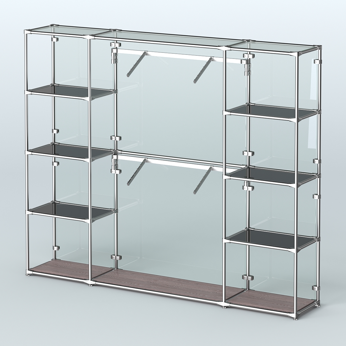 Торговая система ХРОМ (задняя стенка - стекло) 2430 мм с тонированными полками и поручнями №7 Ясень Анкор темный