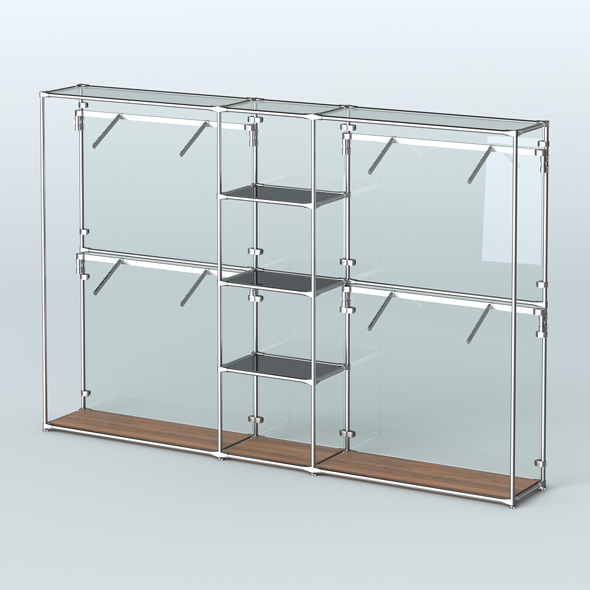 Торговая система ХРОМ (задняя стенка - стекло) 3030 мм с тонированными полками и поручнями №8 Орех