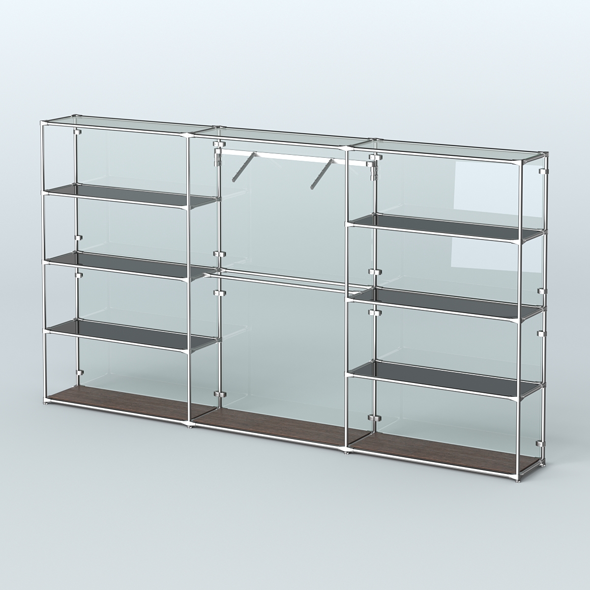 Торговая система ХРОМ (задняя стенка - стекло) 3600 мм с тонированными полками и поручнями №9 Дуб Венге