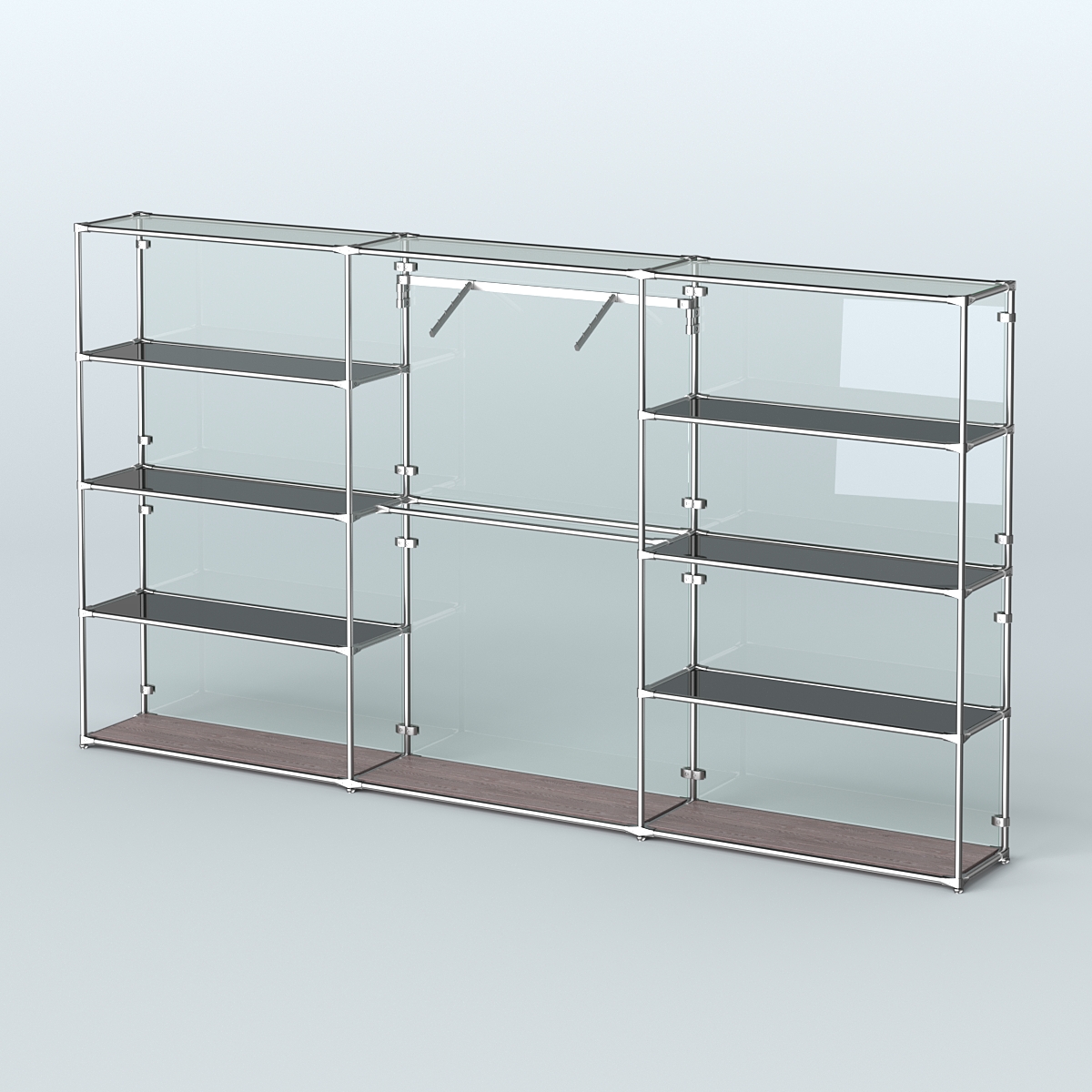 Торговая система ХРОМ (задняя стенка - стекло) 3600 мм с тонированными полками и поручнями №9 Ясень Анкор темный