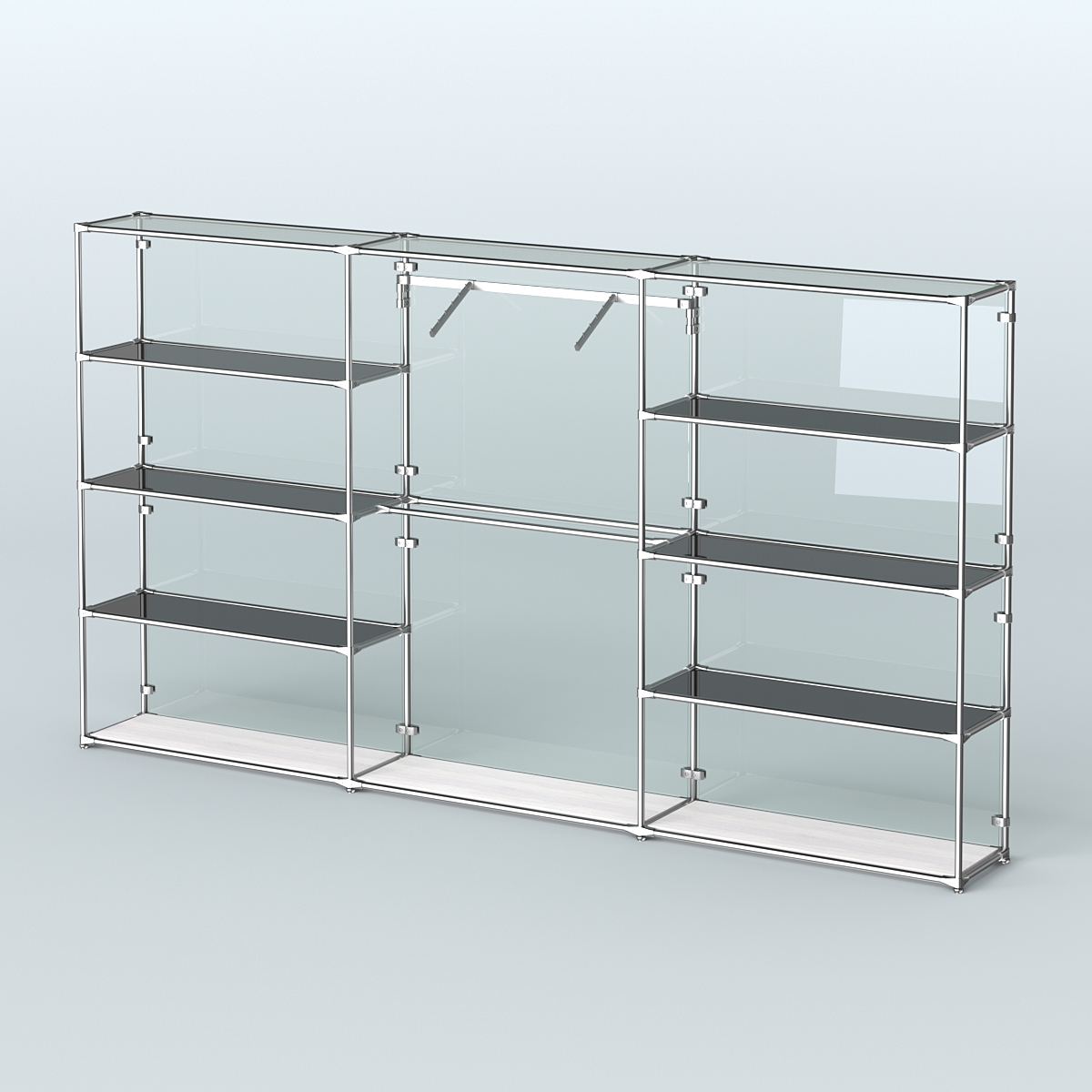 Торговая система ХРОМ (задняя стенка - стекло) 3600 мм с тонированными полками и поручнями №9 Ясень Анкор светлый