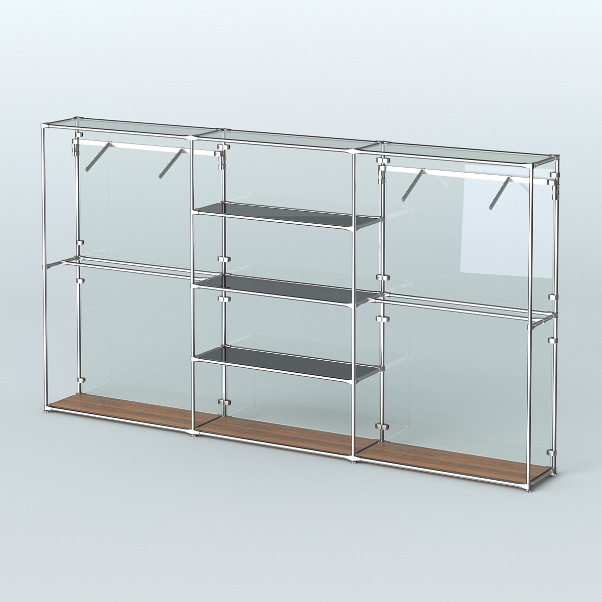 Торговая система ХРОМ (задняя стенка - стекло) 3600 мм с тонированными полками и поручнями №10 Орех