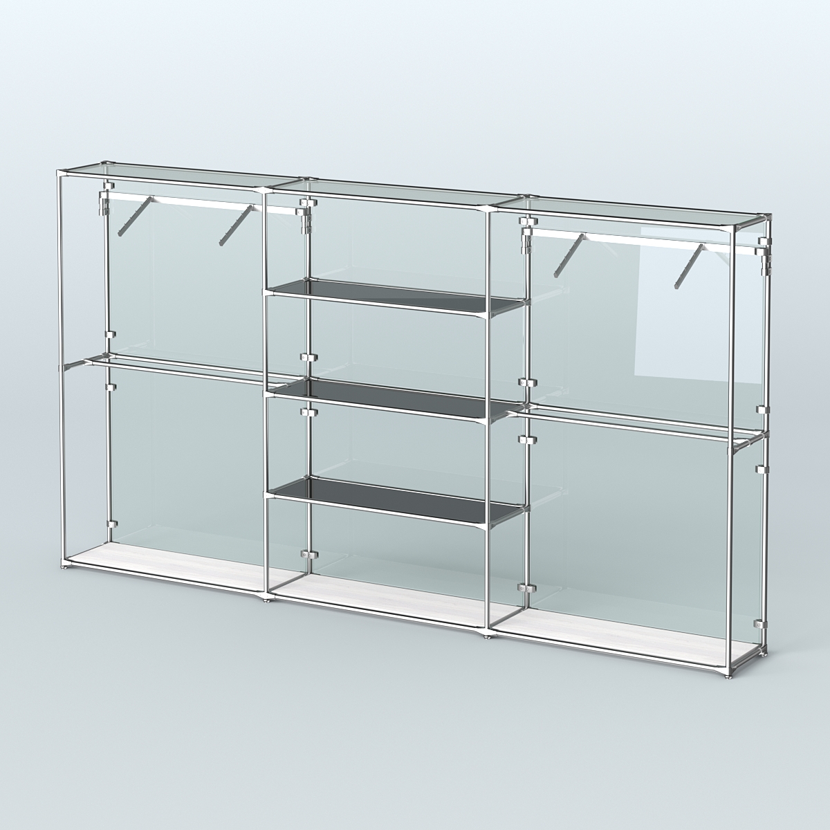 Торговая система ХРОМ (задняя стенка - стекло) 3600 мм с тонированными полками и поручнями №10 Ясень Анкор светлый