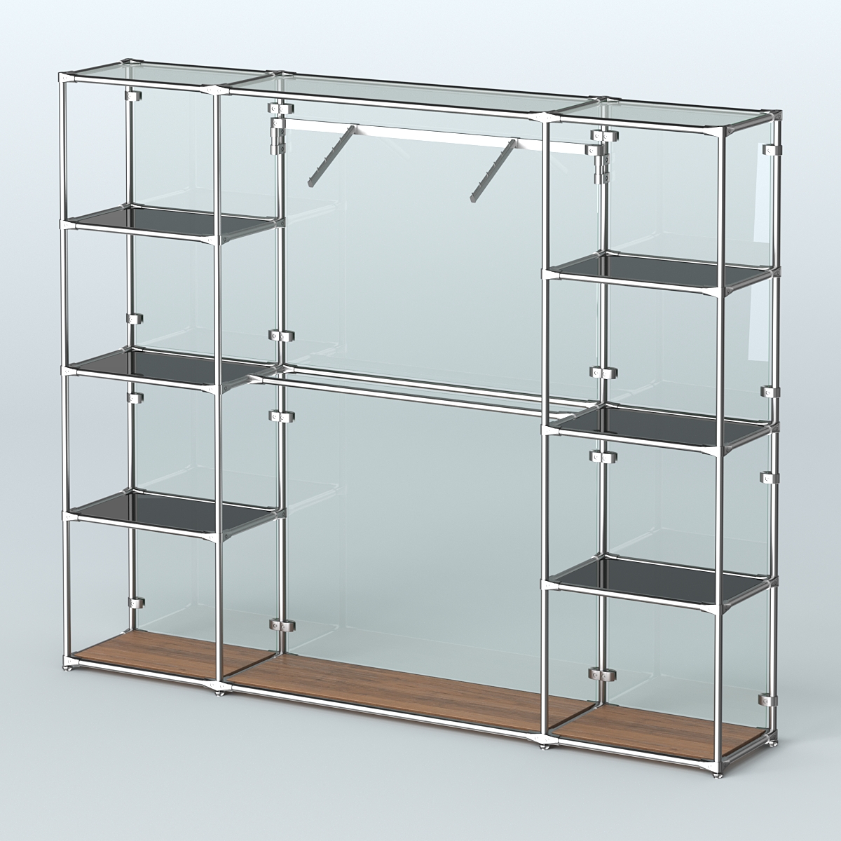 Торговая система ХРОМ (задняя стенка - стекло) 2430 мм с тонированными полками и поручнями №11 Орех