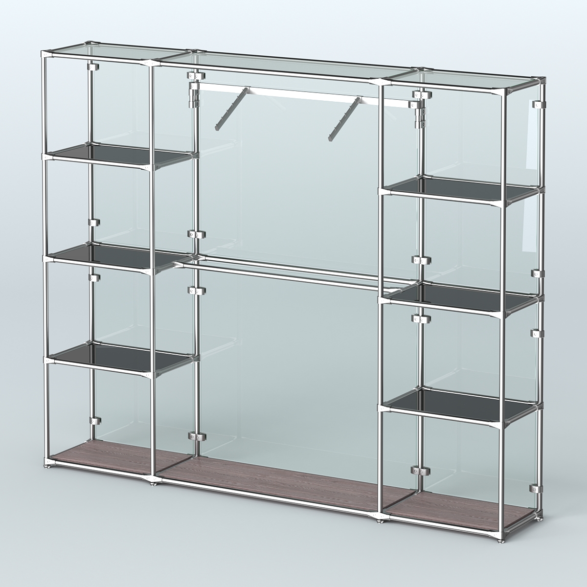 Торговая система ХРОМ (задняя стенка - стекло) 2430 мм с тонированными полками и поручнями №11 Ясень Анкор темный