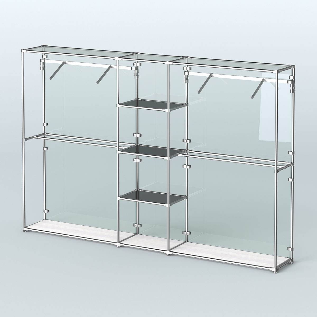 Торговая система ХРОМ (задняя стенка - стекло) 3030 мм с тонированными полками и поручнями №12 Ясень Анкор светлый