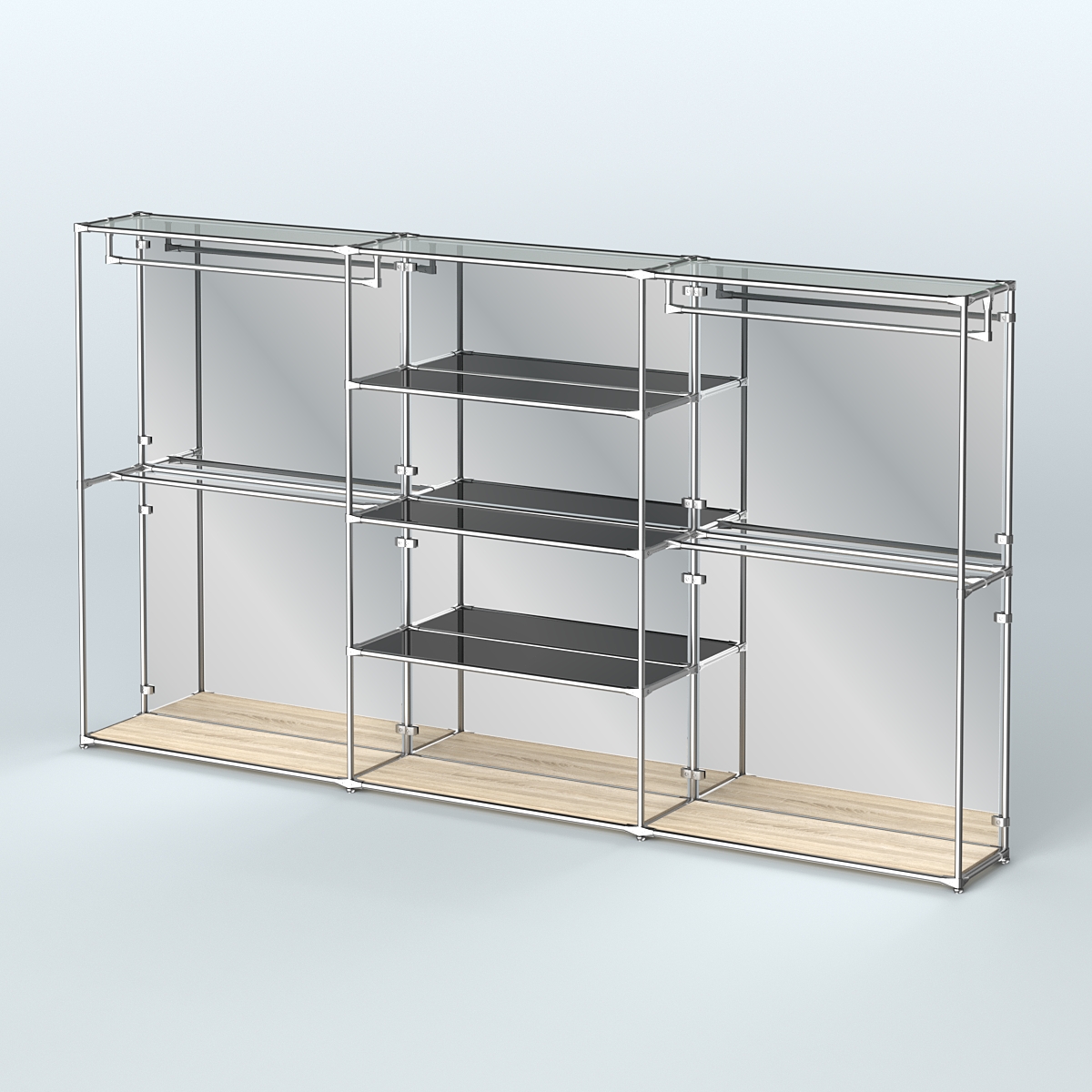 Торговая система ХРОМ (задняя стенка - зеркало) 3600 мм с тонированными полками и поручнями №2 Дуб Сонома