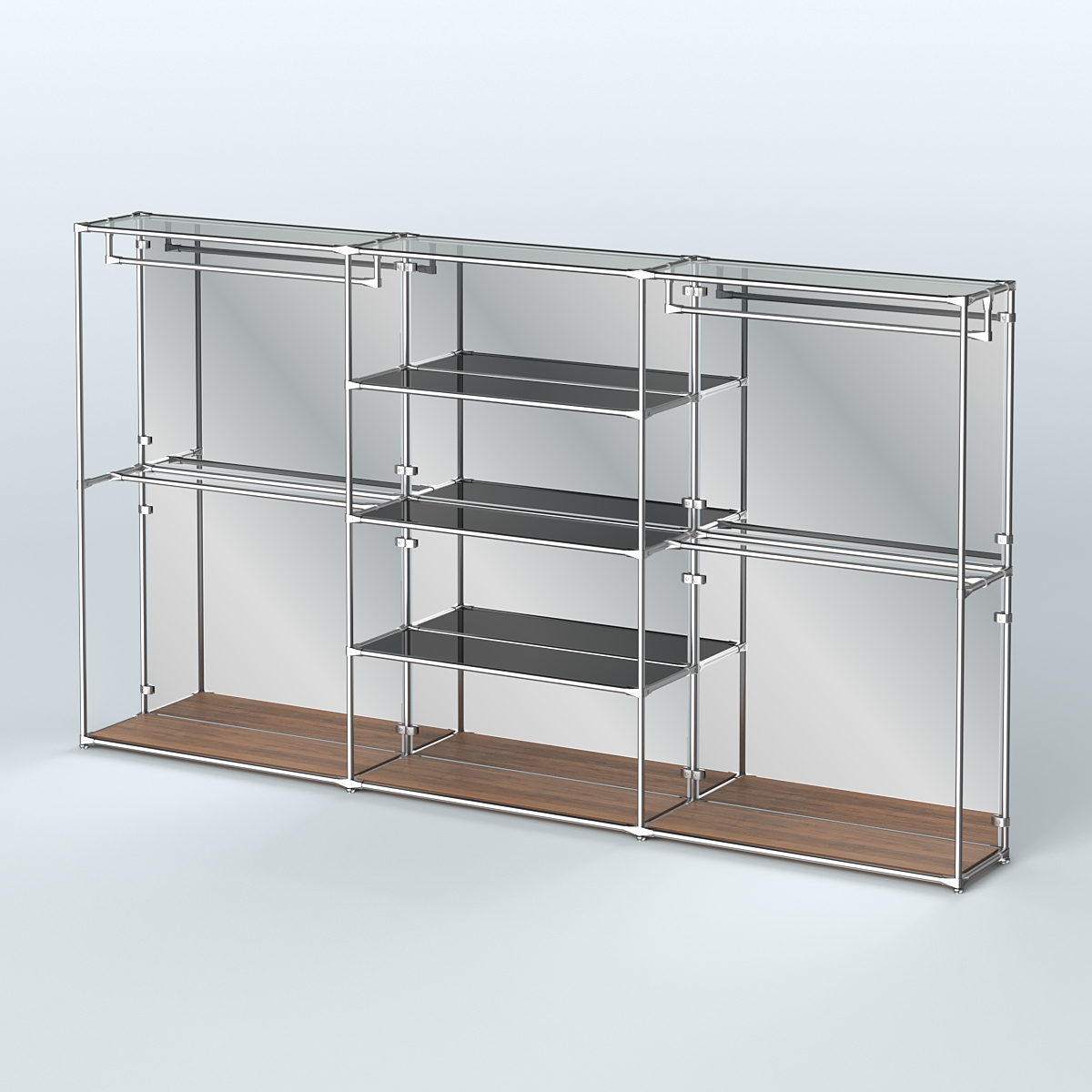 Торговая система ХРОМ (задняя стенка - зеркало) 3600 мм с тонированными полками и поручнями №2 Орех