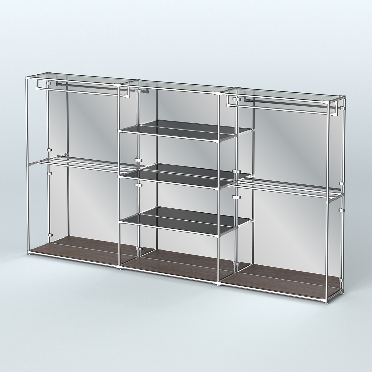 Торговая система ХРОМ (задняя стенка - зеркало) 3600 мм с тонированными полками и поручнями №2 Дуб Венге