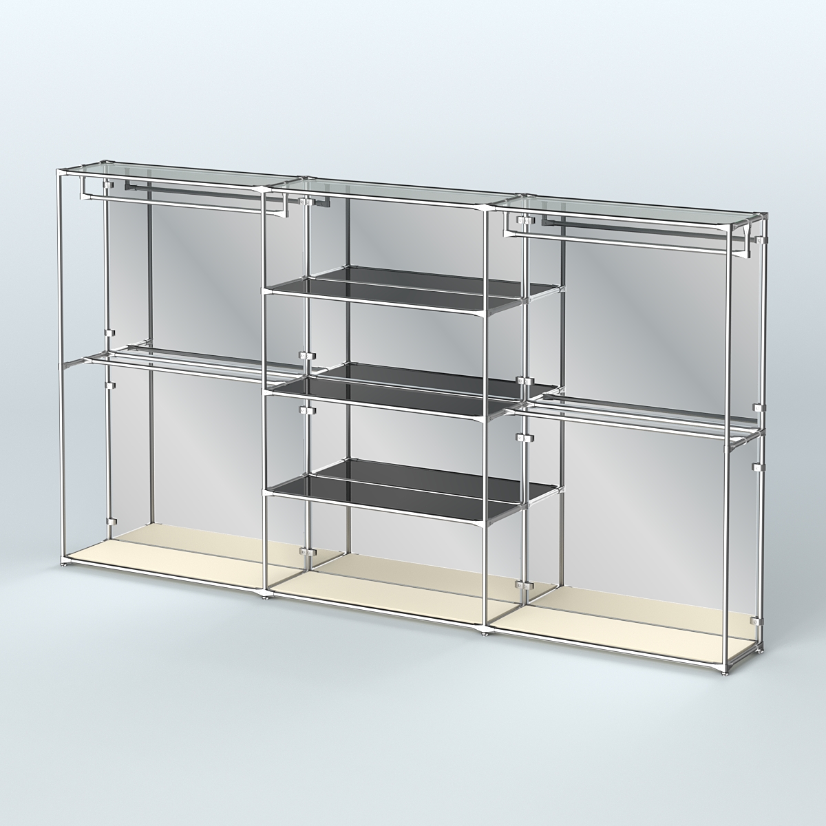 Торговая система ХРОМ (задняя стенка - зеркало) 3600 мм с тонированными полками и поручнями №2 Крем Вайс